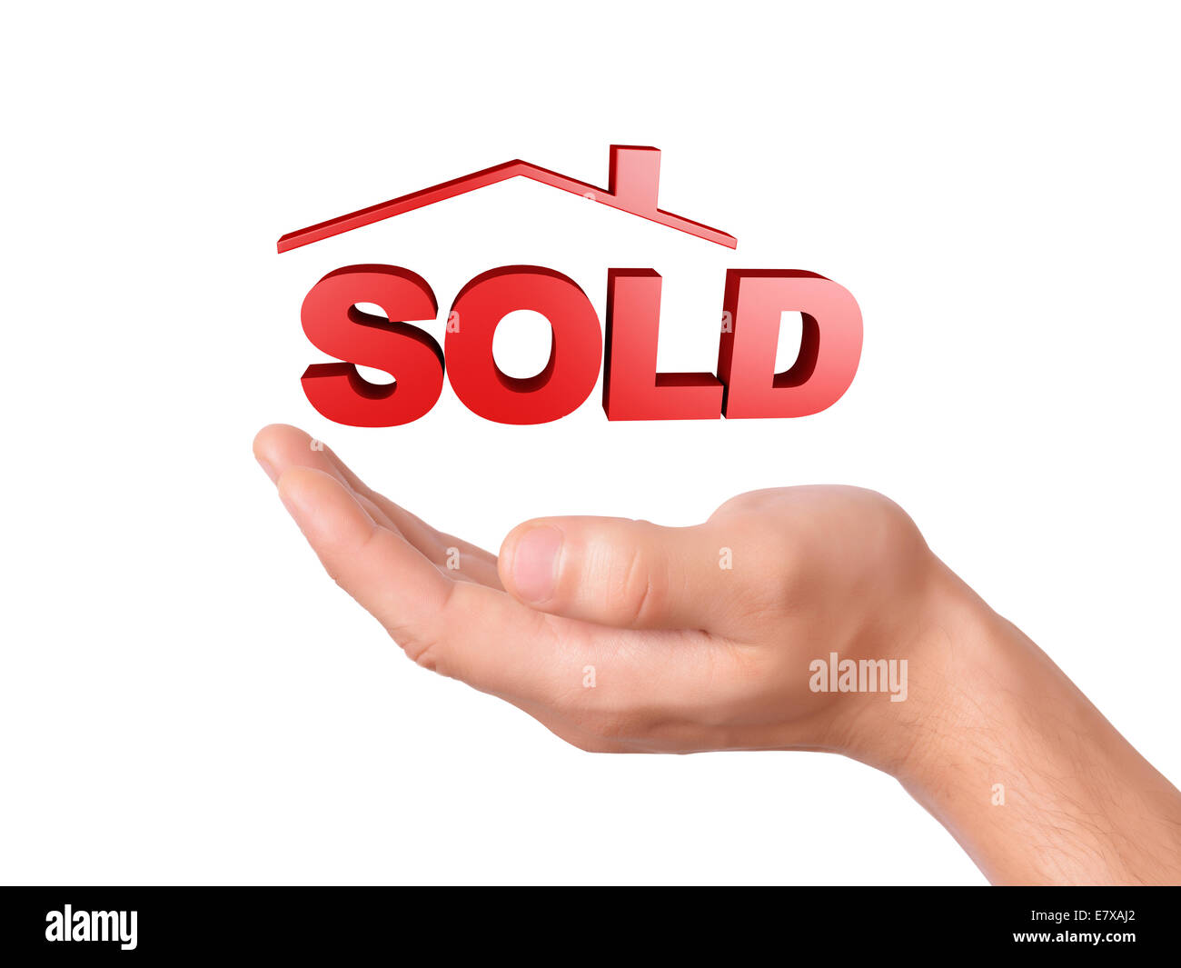 Bild von Hand mit roten verkaufte Haus isoliert auf weißem Hintergrund Stockfoto