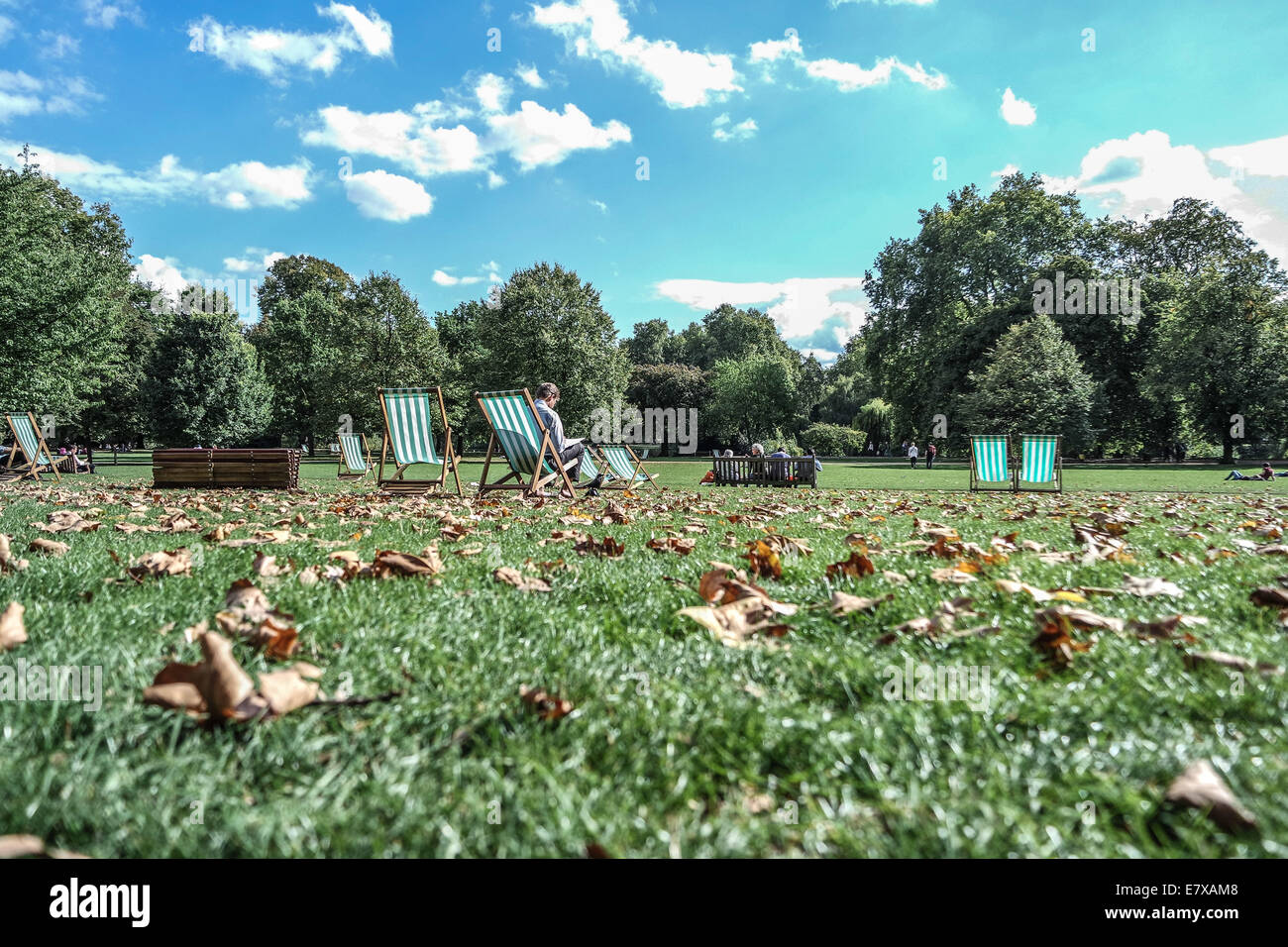 Ein schöner Tag in einem Londoner Park Herbst Blätter auf dem Boden. Liegestühle in der Sonne mit blauem Himmel mit Wolken Stockfoto