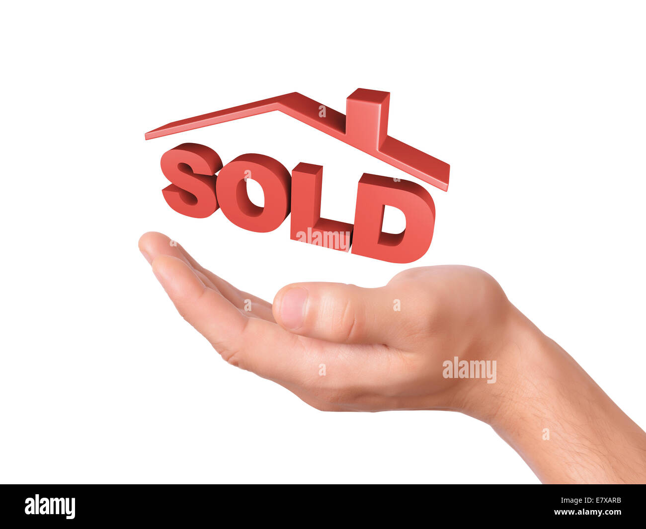Bild von Hand mit roten verkauft Haus. Verkauf Konzept isoliert auf weißem Hintergrund Stockfoto