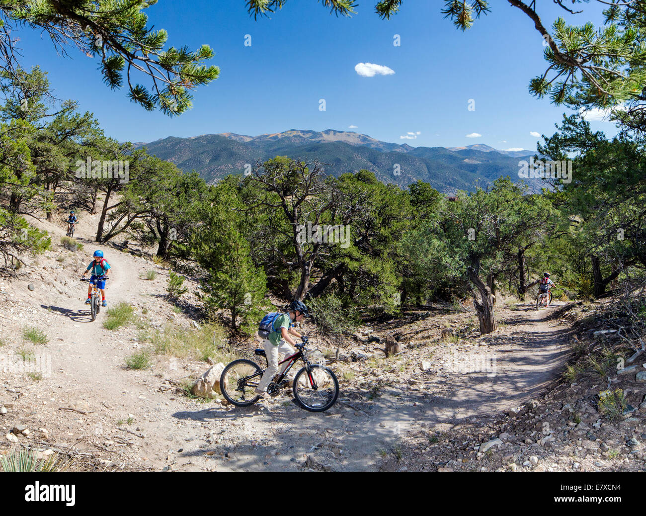 Mittelschule Kinder im Alter von 10-14 Mountain Bike auf dem kleinen Regenbogen Trail, Salida, Colorado, USA Stockfoto