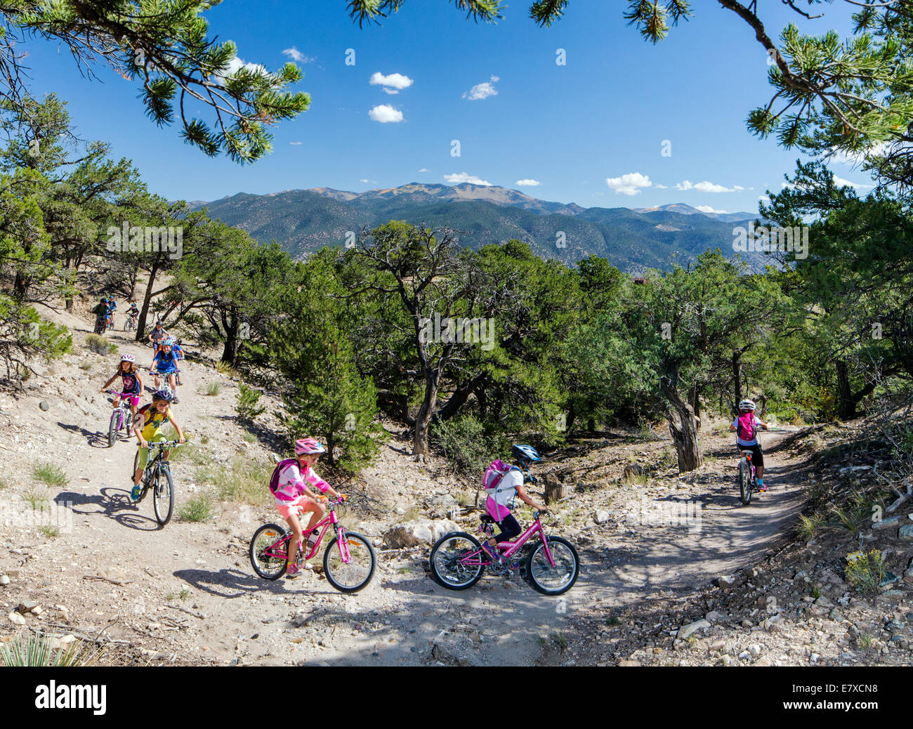 Mittelschule Kinder im Alter von 10-14 Mountain Bike auf dem kleinen Regenbogen Trail, Salida, Colorado, USA Stockfoto