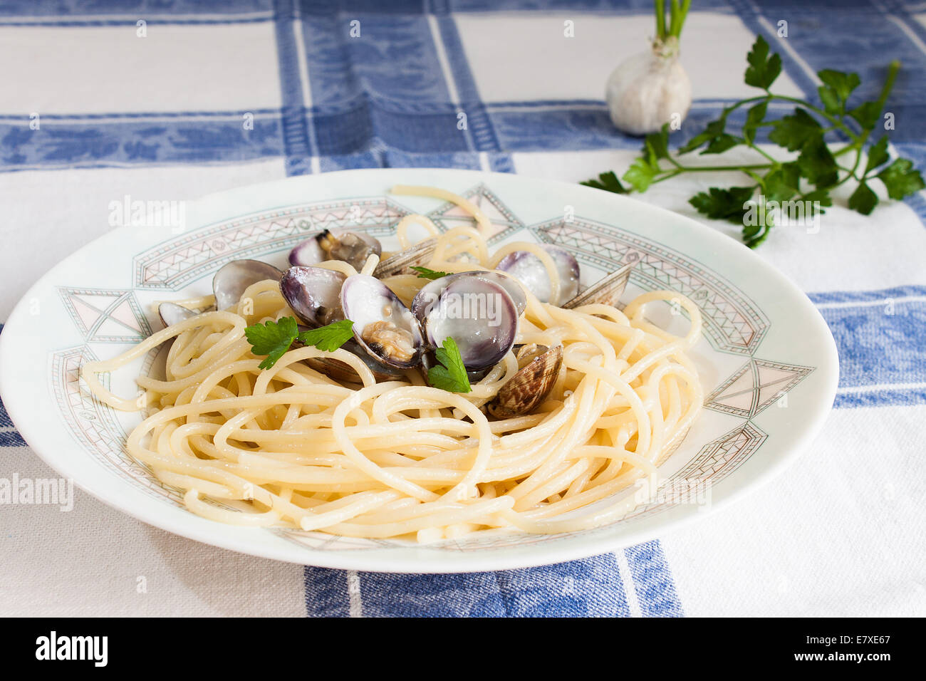 Nudeln mit Muscheln Stockfoto