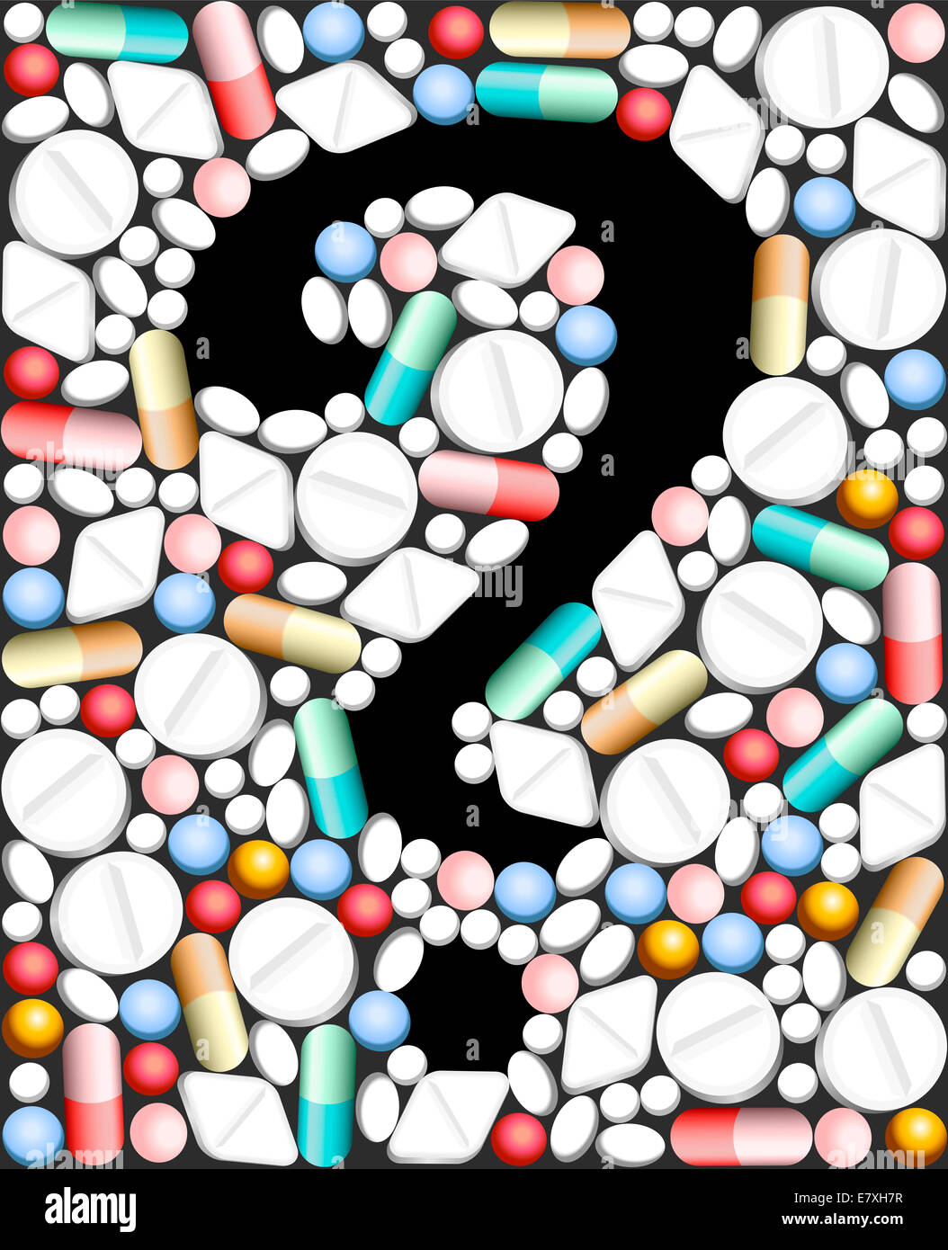 Arzneimittel, die Themen Drogen und bilden ein Fragezeichen als Symbol der über medizinische Probleme. Stockfoto