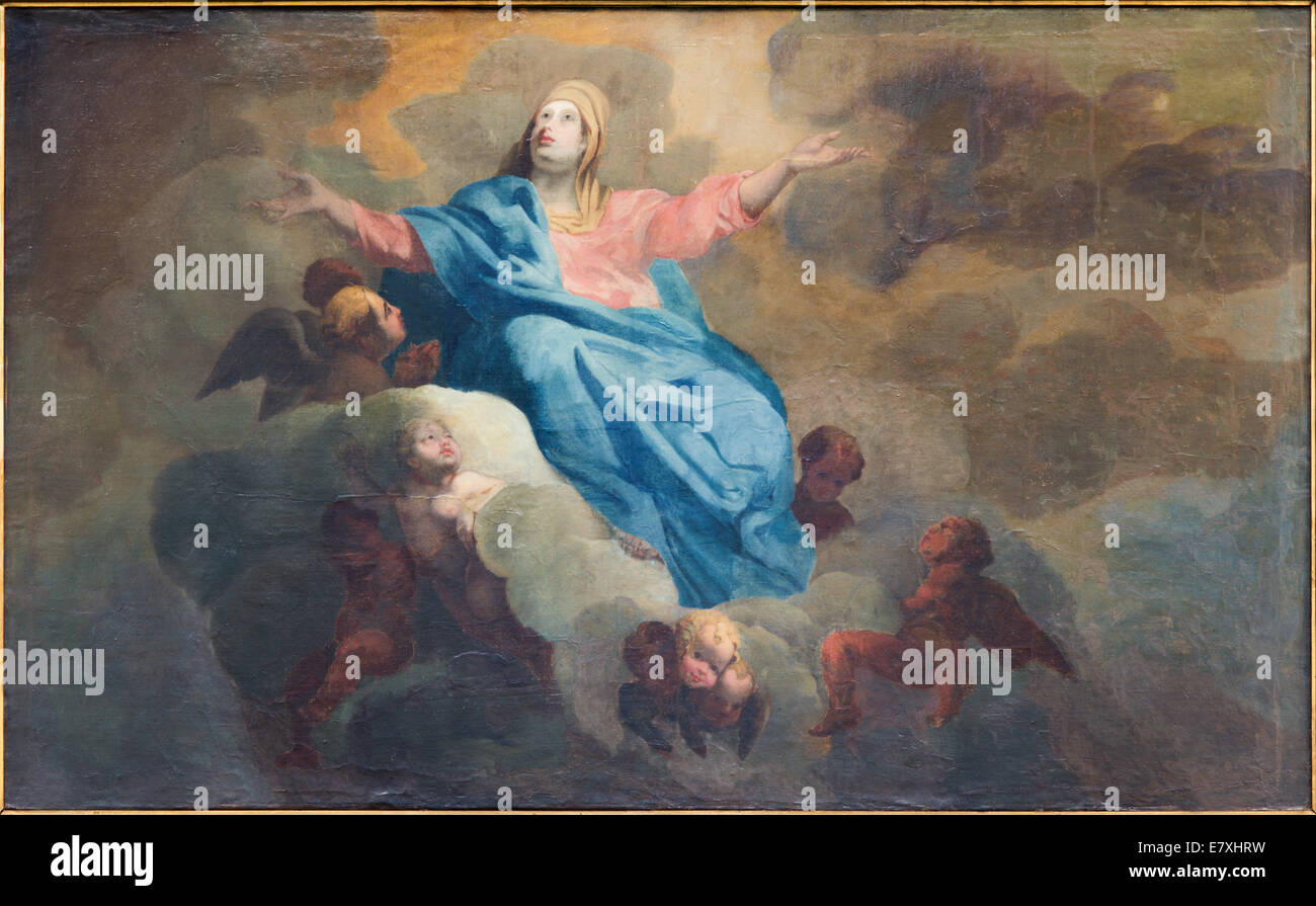 Brügge, Belgien - 12. Juni 2014: Die Himmelfahrt der Jungfrau Maria Malen nach J. Garemijn (1750) Stockfoto