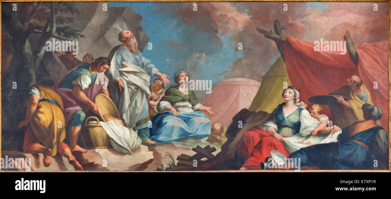 Padua - Farbe der Szene - Mose und die Israeliten Gathering Manna bilden 16. Jhdt. unbekannter Maler im Dom - Dom Stockfoto