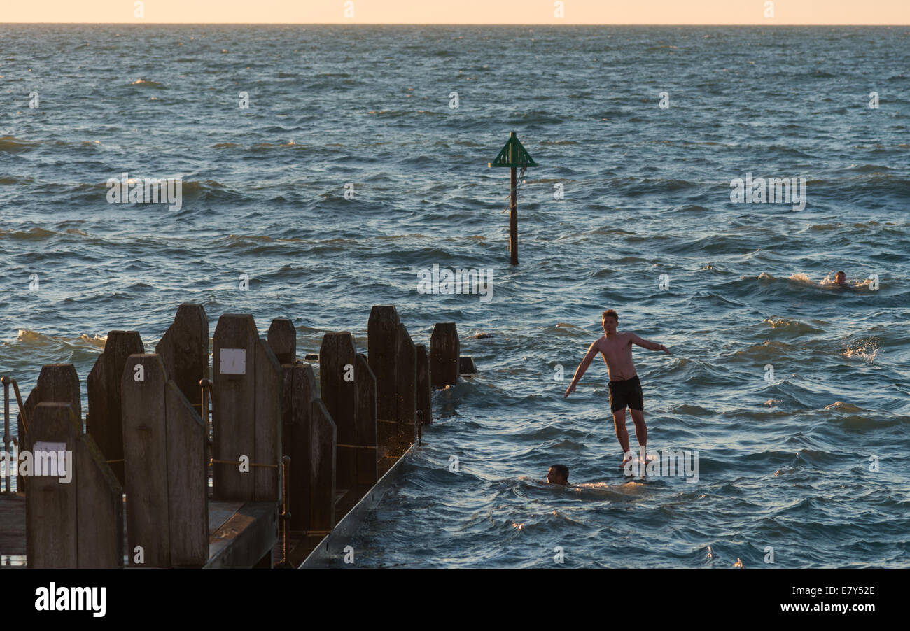 Drei Schwimmer nehmen Sie ein Bad bei Sonnenuntergang von der Strandpromenade, Aberystwyth, West Wales. VEREINIGTES KÖNIGREICH. Stockfoto