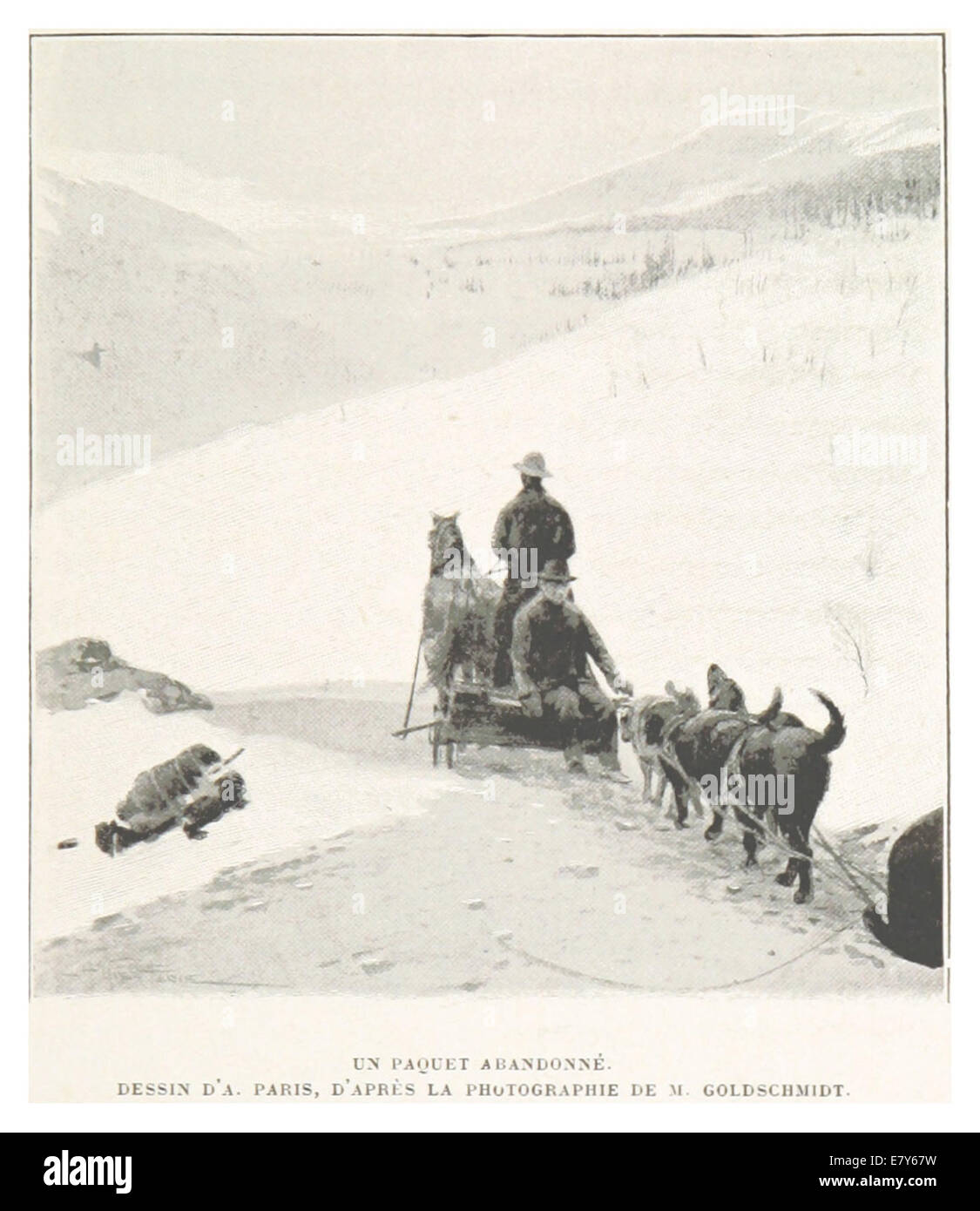 Diese 1899 von Boillot gefertigte Illustration zeigt ein verlassenes Paket, das auf einem Foto von M. Goldschmidt basiert. Die Zeichnung zeigt die feinen Details und Texturen des Motivs und spiegelt den künstlerischen Ansatz des späten 19. Jahrhunderts wider. Stockfoto