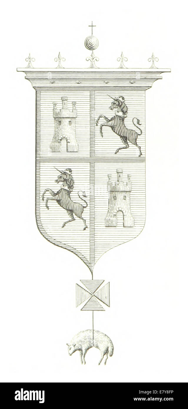 Diese Illustration von Fairbanks aus dem Jahr 1858 zeigt Fort Marion mit einem alten spanischen Wappen über dem Eingang, das die Kolonialgeschichte des Forts und den spanischen Einfluss auf die amerikanische Verteidigungsarchitektur hervorhebt. Stockfoto