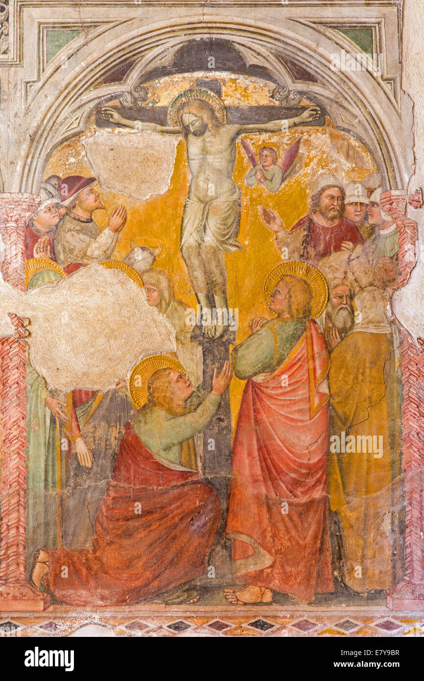 PADUA, Italien - 9. September 2014: Das Fresko der Kreuzigung oder Kalvarienberg in der Kirche San Nicolo (Nikolaus) von unbekannten Maler Stockfoto