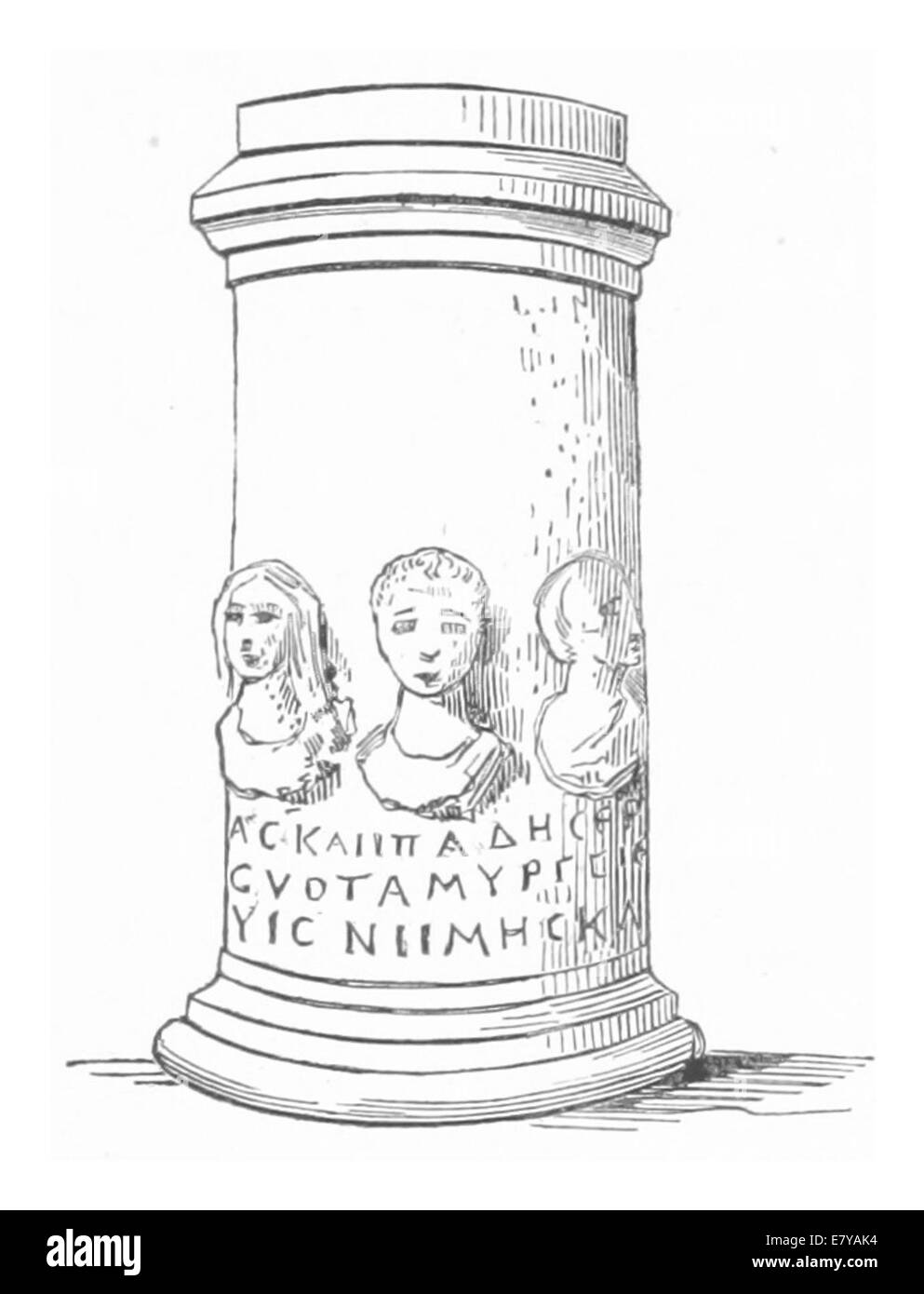 Eine Illustration aus Langlois’ 1861 erschienener Veröffentlichung, Seite 483, die einen Grabzippus (Steinsäule) zeigt, der in Misis (heute Yakapınar, Türkei) entdeckt wurde, mit einem Relief einer Familiengruppe und einer griechischen Inschrift. Stockfoto