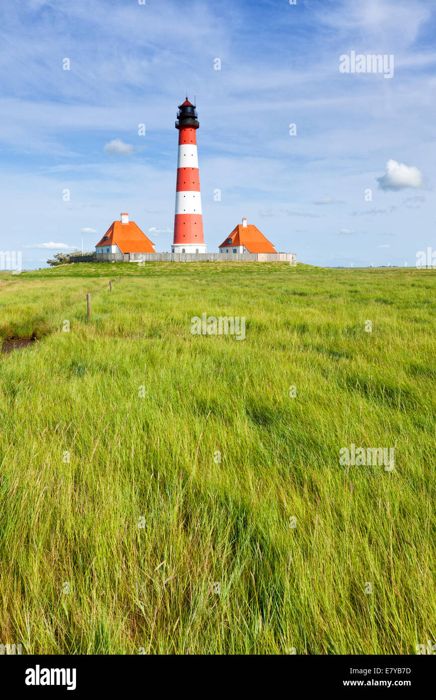 Leuchtturm Westerheversand auf den Salzwiesen des Landes Schleswig-Holstein Stockfoto