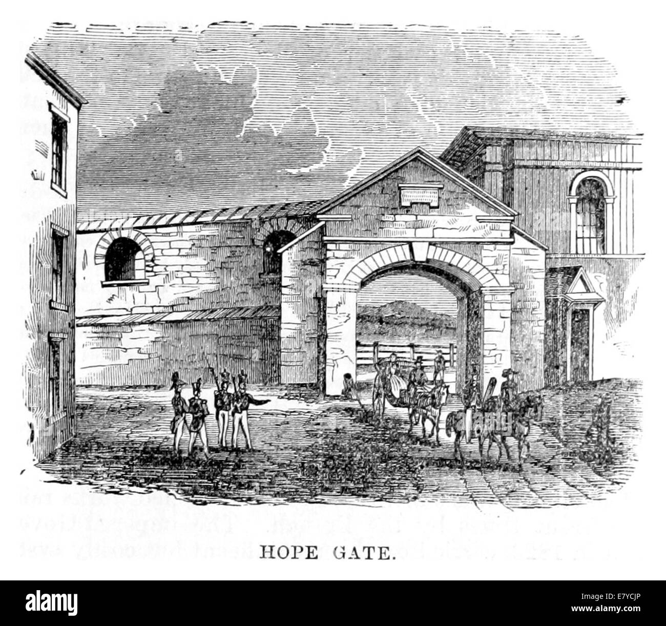 Diese Illustration aus Québec aus dem Jahr 1876 zeigt das Hope Gate, einen historischen Eingang in der Stadt. Das Tor, ein Teil der Befestigungsanlagen, ist ein wichtiges architektonisches Merkmal aus Quebecs Kolonialzeit. Stockfoto