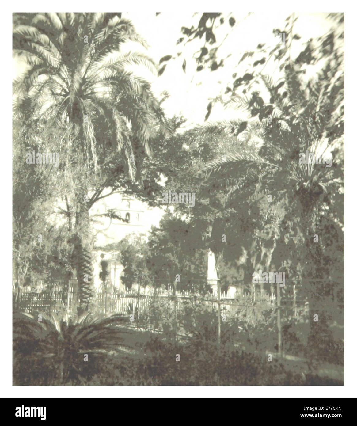 Eine Illustration von Reynolds aus dem Jahr 1885, Seite 146, die einen Garten mit Blick auf einen platz darstellt. Das Bild fängt eine ruhige Landschaft mit komplizierten Designs und einem Fokus auf die Schönheit der Natur ein und bietet einen Einblick in die Landschaftsarchitektur des späten 19. Jahrhunderts. Stockfoto