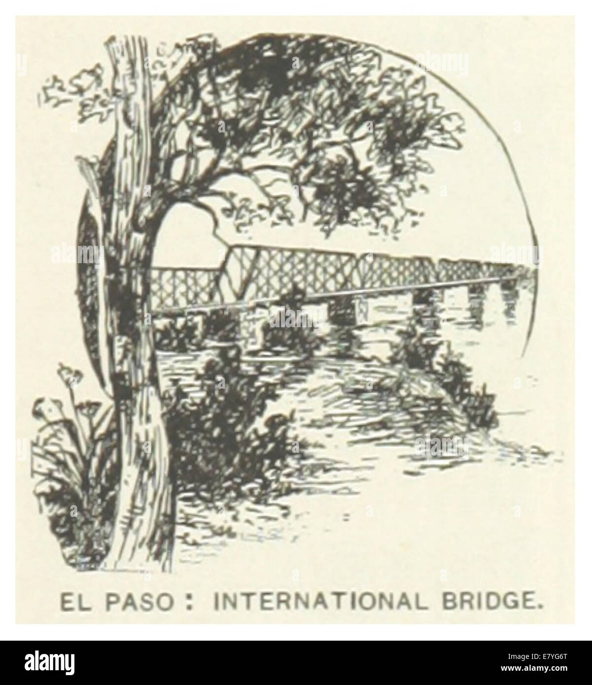 US-TX(1891) p827 zeigt die International Bridge in El Paso, Texas, eine bedeutende Infrastruktur, die die Vereinigten Staaten und Mexiko verbindet. Die Abbildung betont das architektonische Design und die geografische Bedeutung der Brücke. Stockfoto
