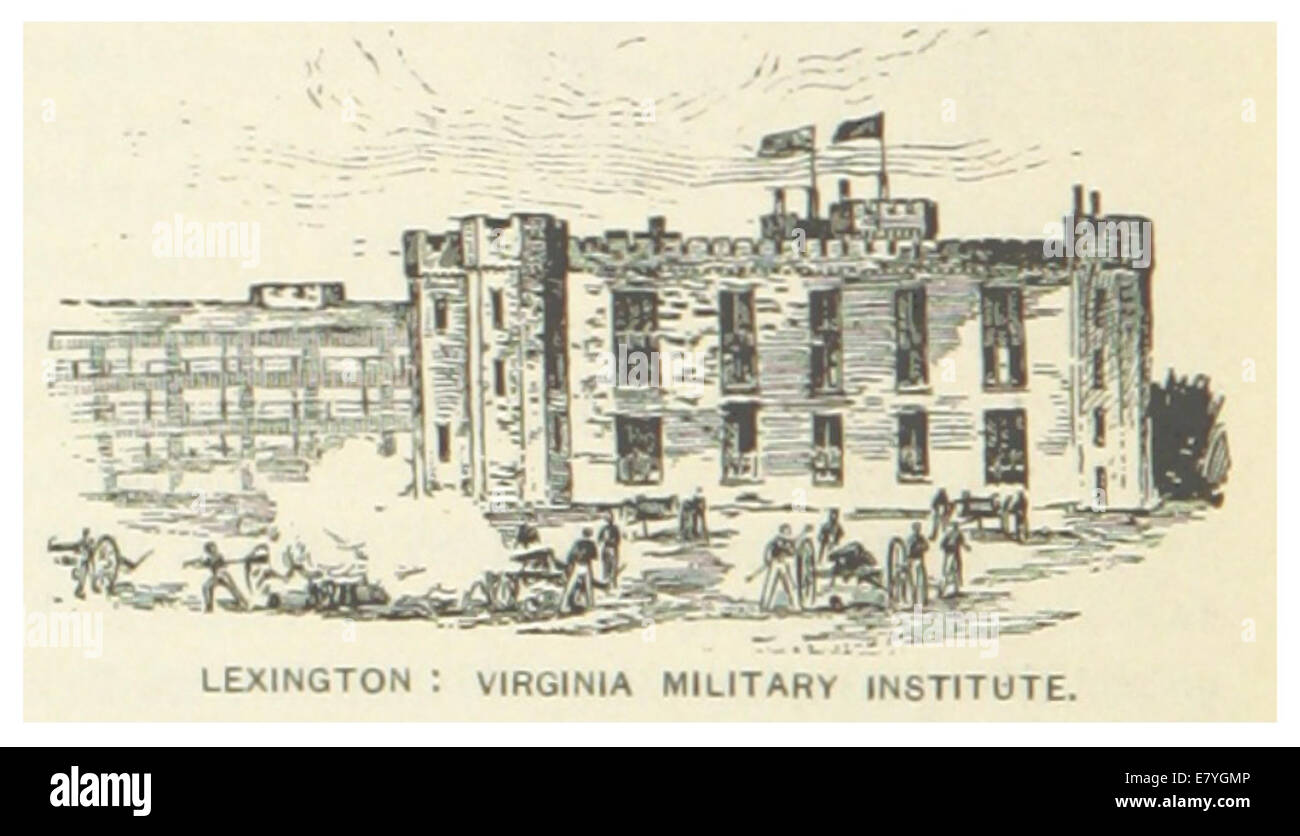 Eine Illustration des Virginia Military Institute aus dem Jahr 1891 in Lexington, Virginia. Das Bild zeigt die Architektur und das Layout dieser prominenten amerikanischen Militärakademie, die eine Rolle in der US-Militärgeschichte gespielt hat. Stockfoto