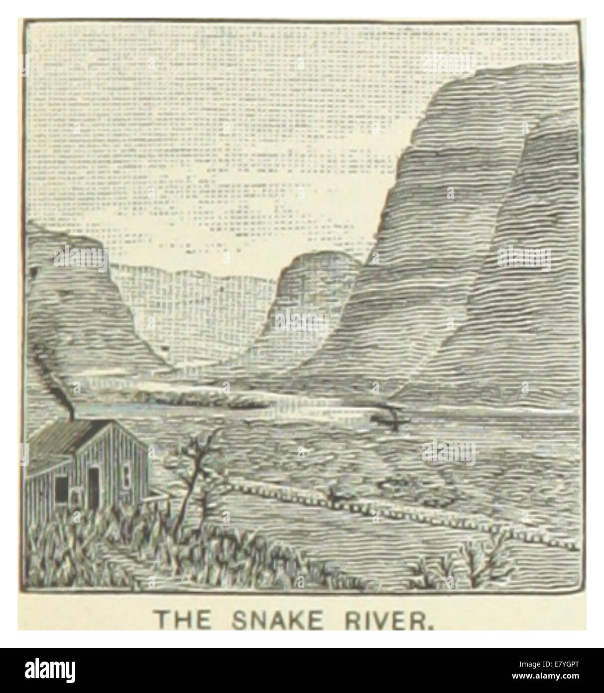 Dieses Bild aus dem Jahr 1891 zeigt den Snake River, einen wichtigen Nebenfluss im pazifischen Nordwesten, und veranschaulicht seine geografische Bedeutung und natürliche Merkmale im Bundesstaat Washington. Stockfoto