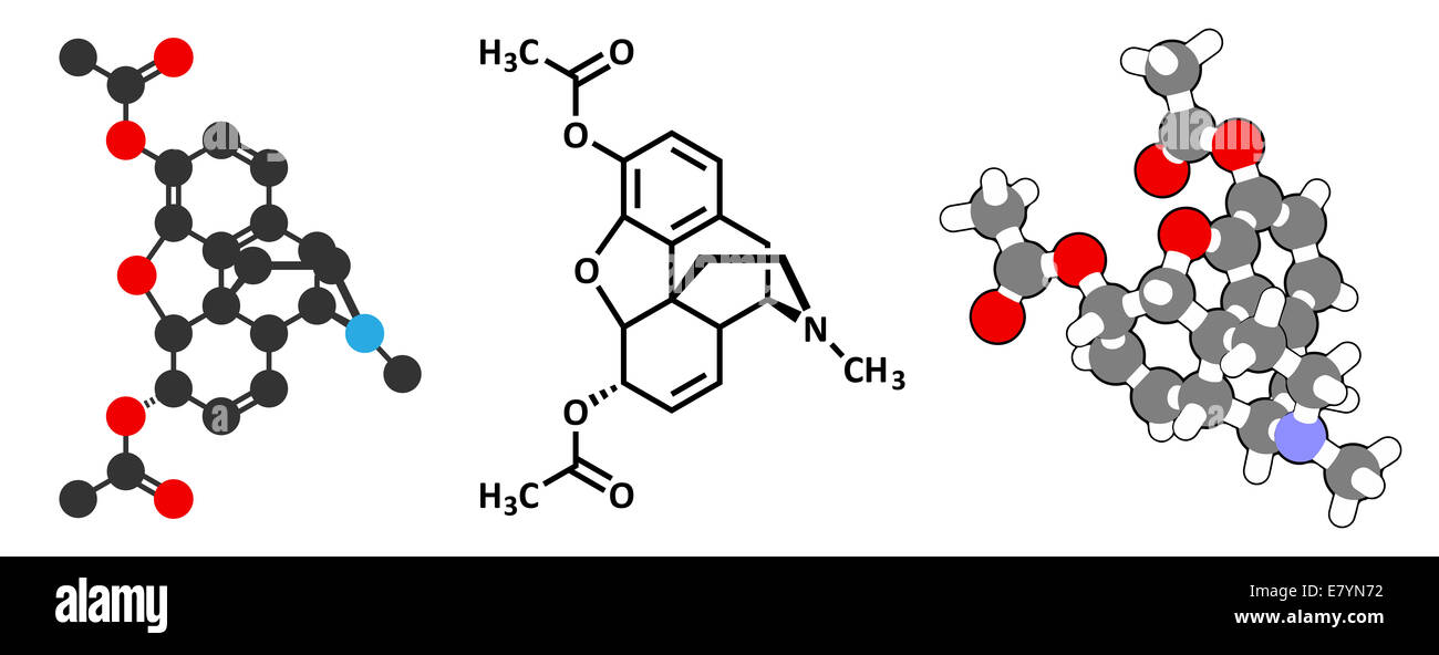 Heroin (Diacetylmorphin, Diamorphin Morphin Diacetat) opioid Wirkstoffmolekül. 2D Renderings und 3D Cartoon-Modell. Stockfoto