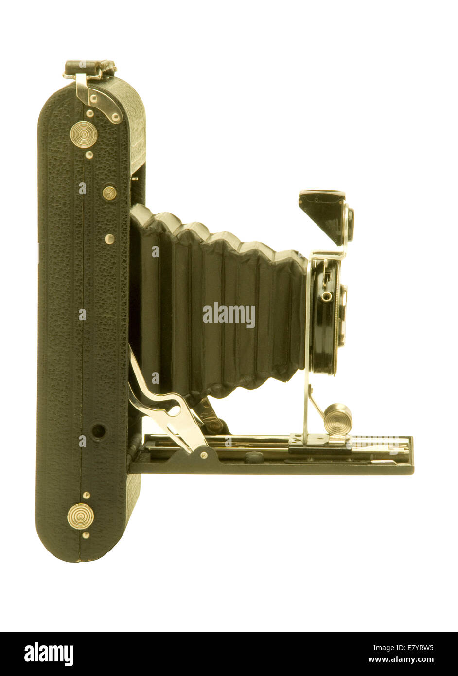 Vintage Agfa Ansco Falten Bälge Filmkamera vor weißem Hintergrund. Keine Logos sichtbar, Markenverletzung zu vermeiden. Stockfoto