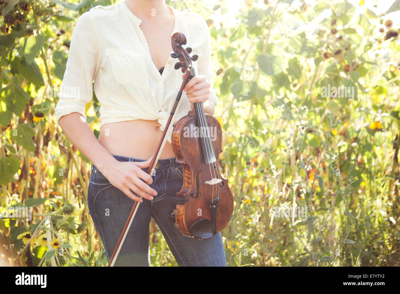 Mitte Abschnitt Aufnahme junge Frau mit Geige im Sonnenblumenfeld Stockfoto
