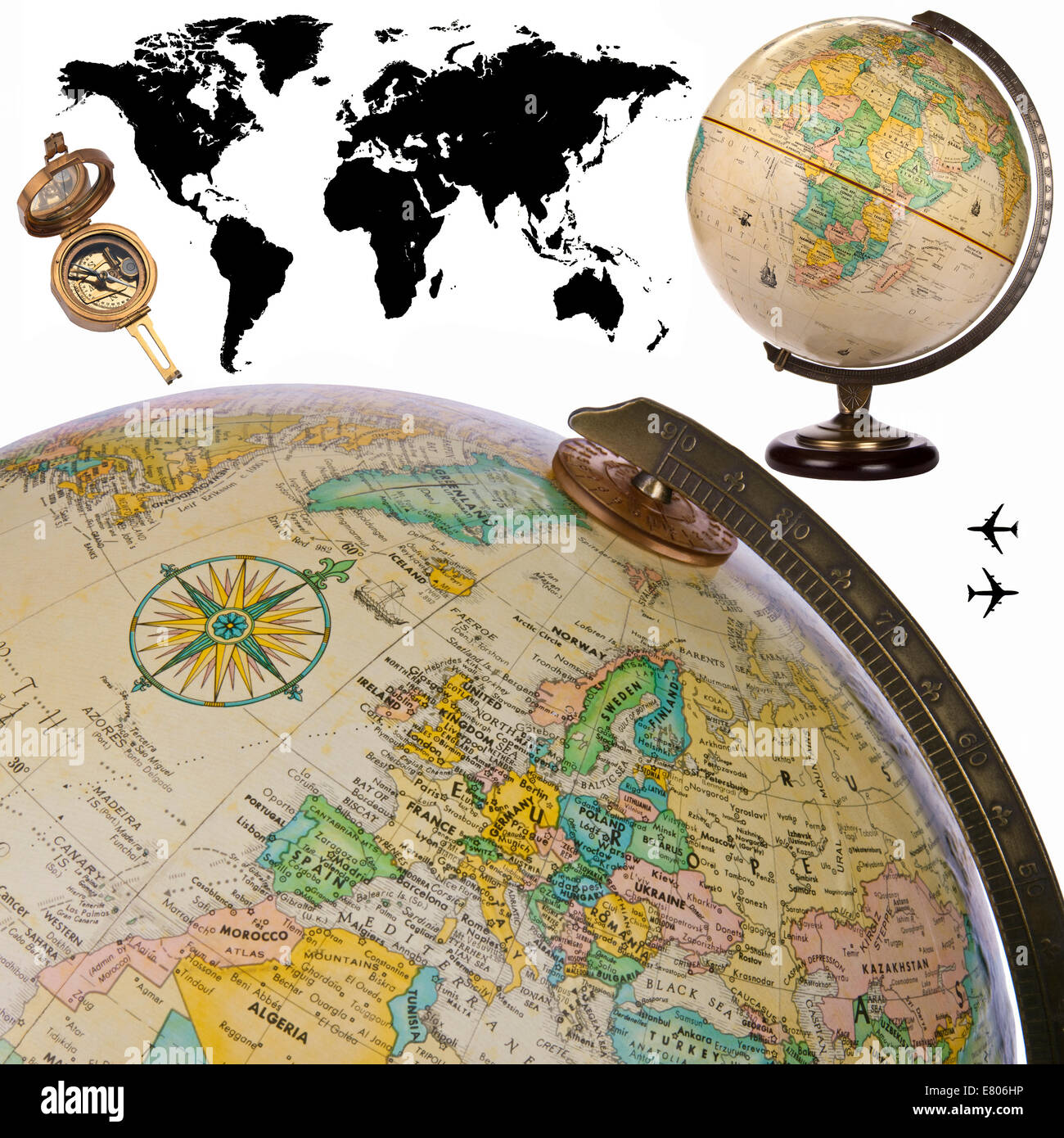 Globen und Weltkarte für Ausschnitt Stockfoto