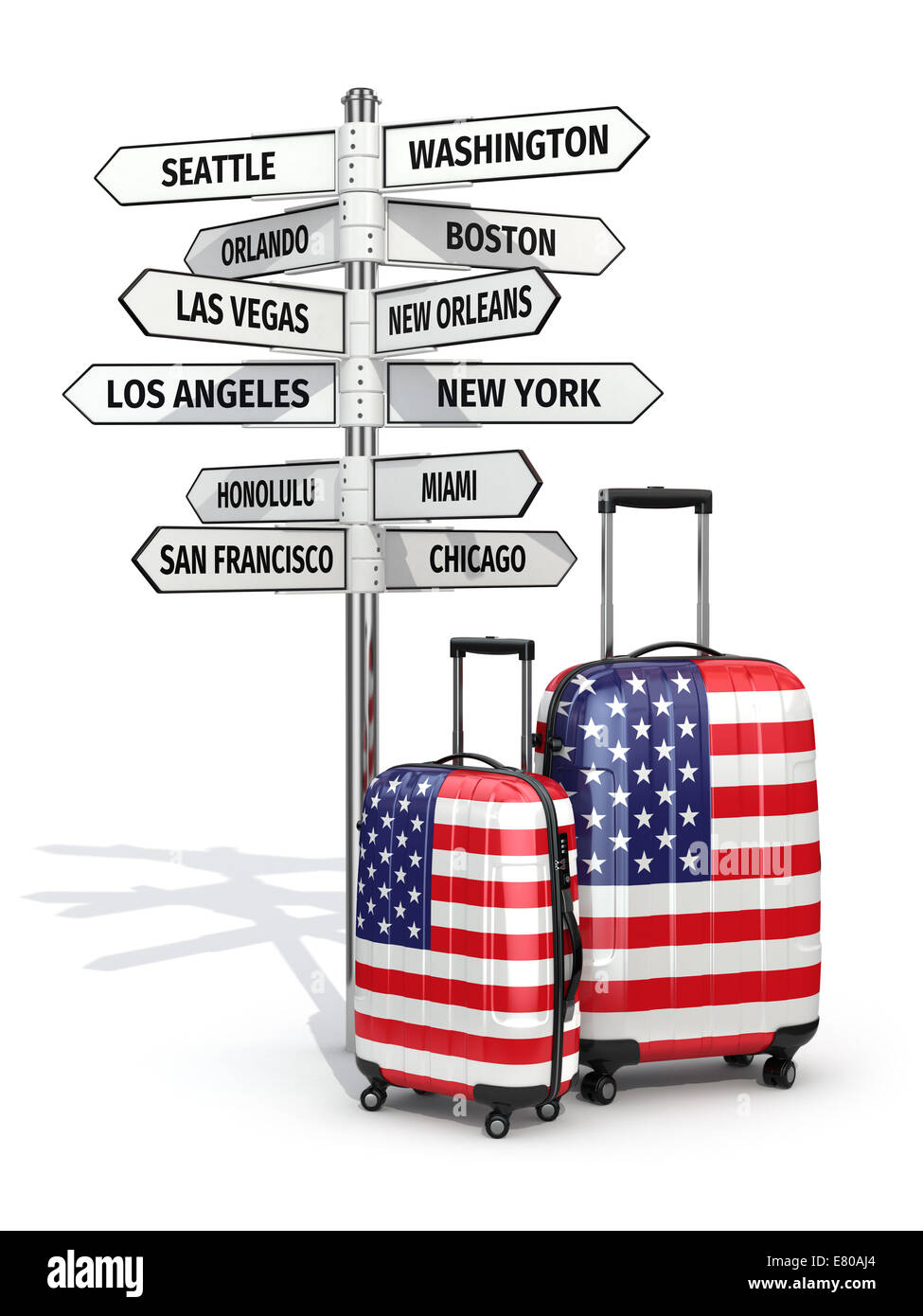 Reisekonzept. Koffer und Wegweiser was in den USA zu besuchen. 3D Stockfoto