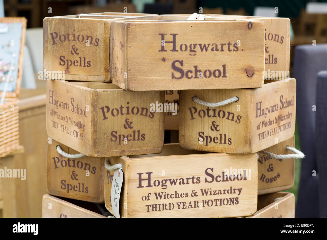 Harry Potter-Potion und Zaubersprüche Holzkisten Stockfoto