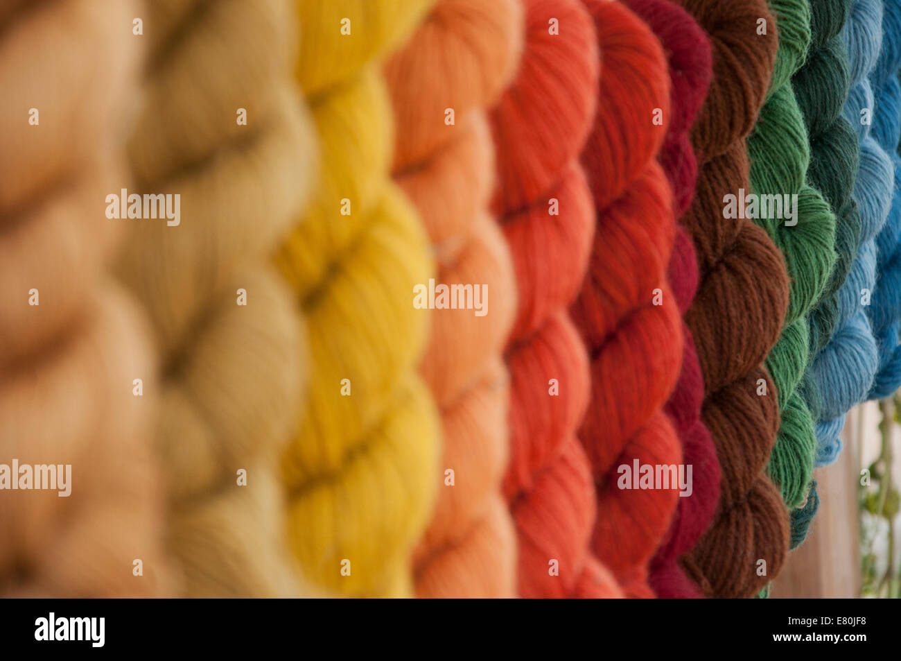 Hängen natürlich gefärbte Wolle konzentrierte sich auf die braunen und grünen Knäuel Stockfoto