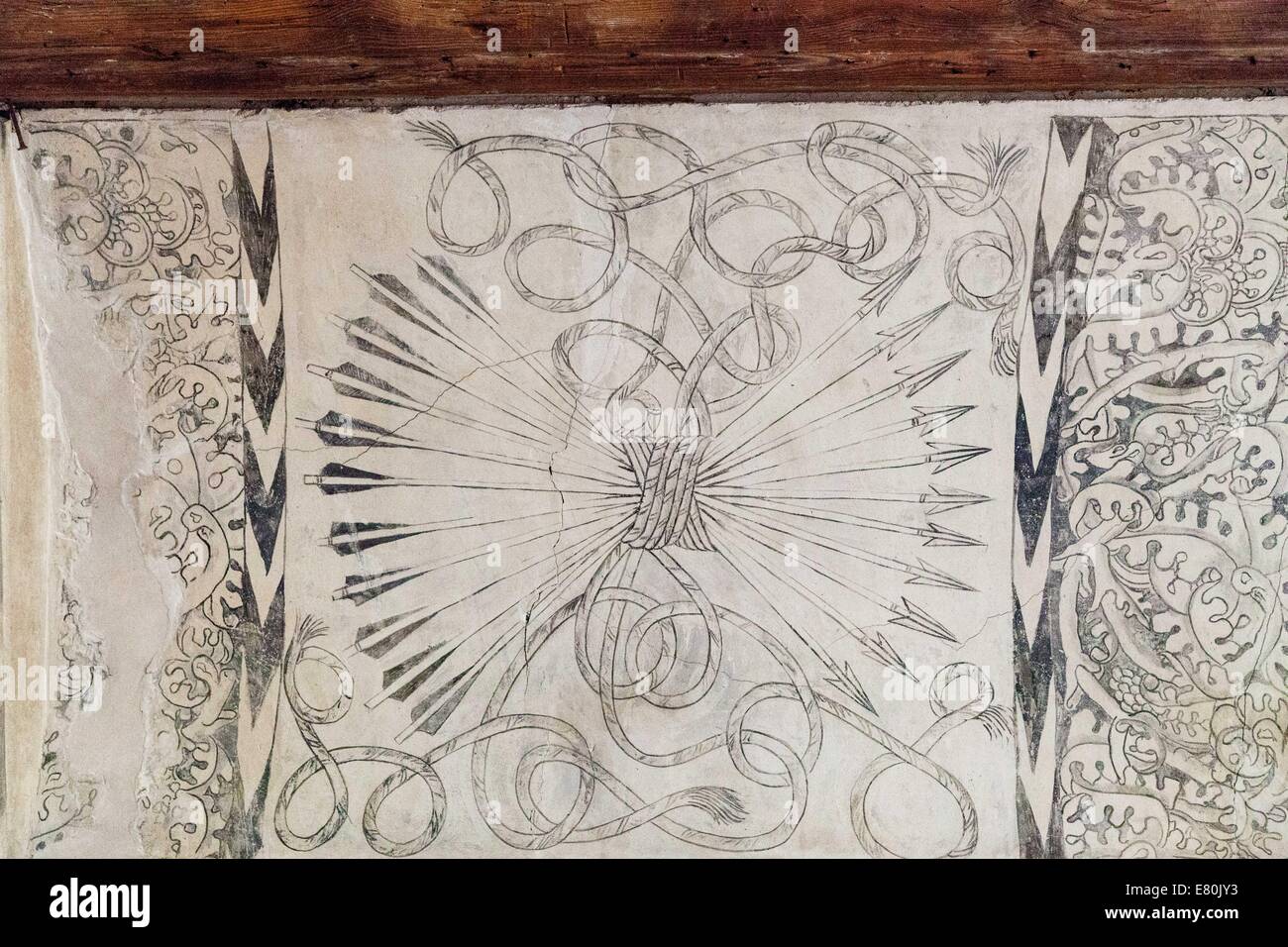 Aufwendige dekorative geometrische Muster in die Deckenplatten des Palazzo Aljaferia, Zaragoza Spanien Stockfoto