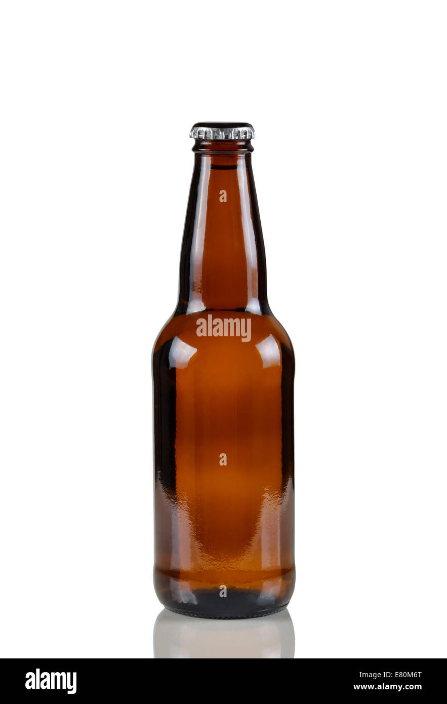 Closeup vertikales Bild einer einzigen ungeöffnete braune Bierflasche auf weiß mit Reflexion Stockfoto