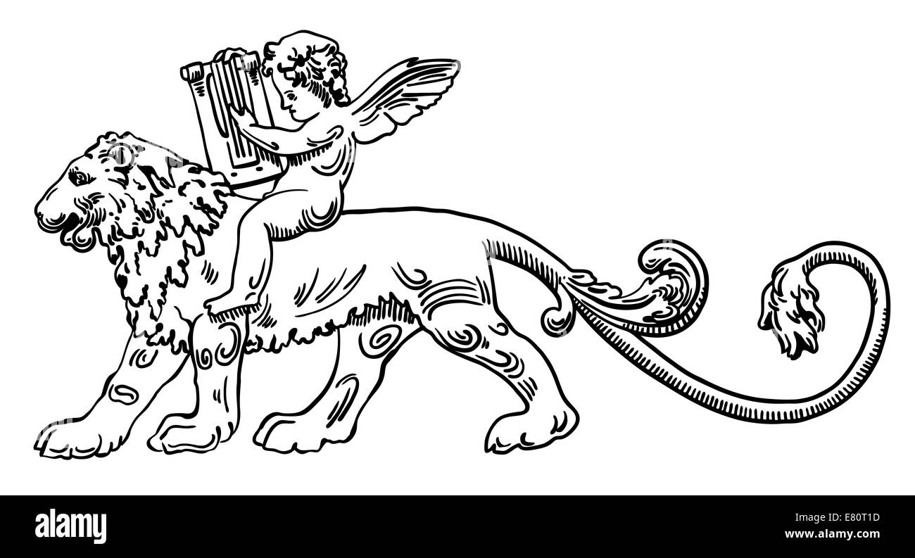 Heraldische Löwe mit Engel Musizieren Stockfoto