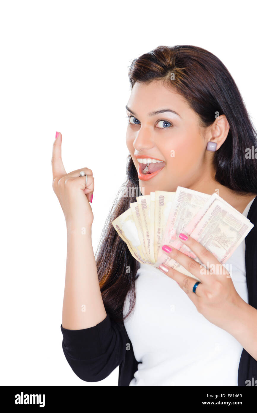 indische schöne Ladie zeigt Geld Stockfoto