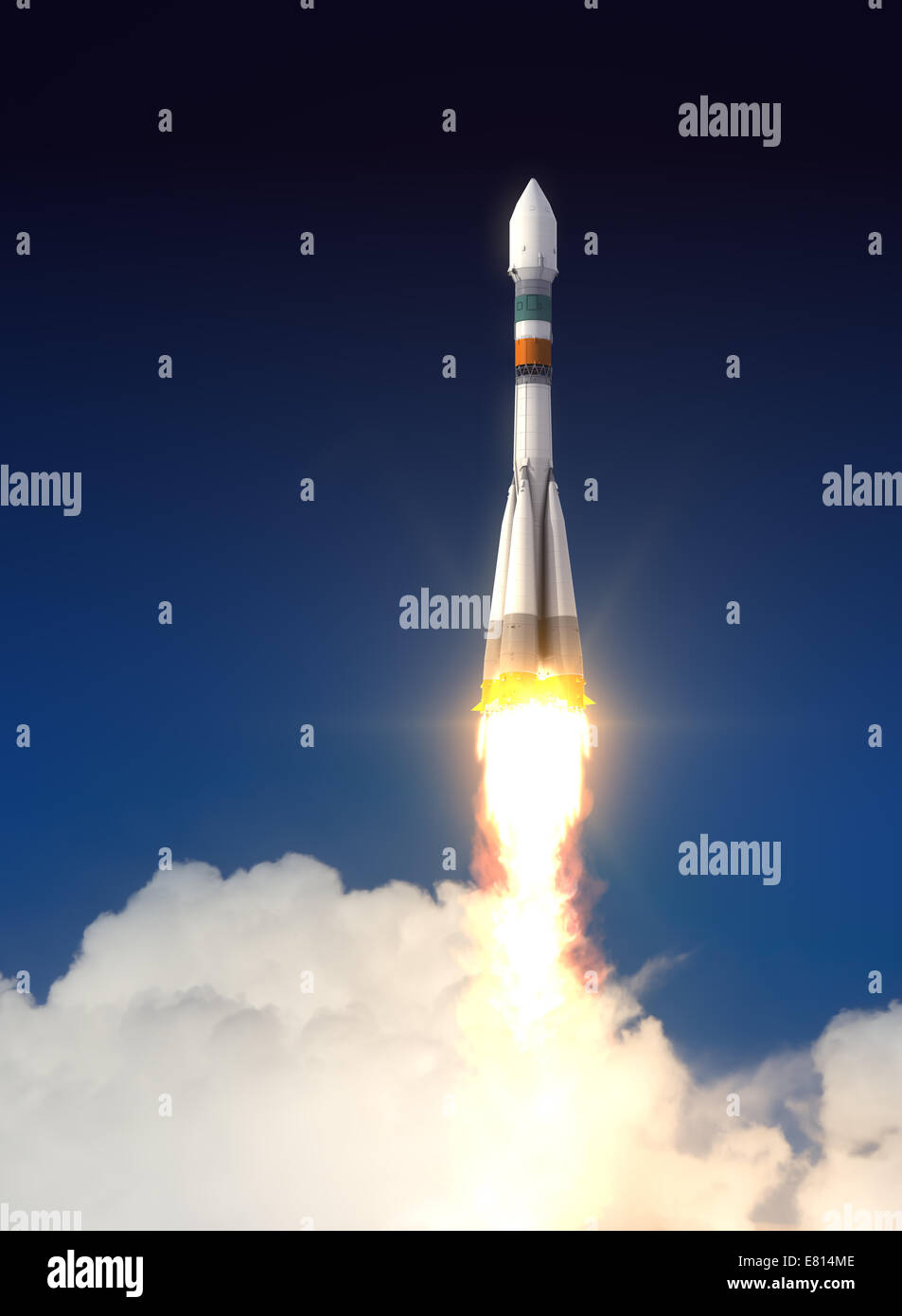 Träger-Rakete Sojus-Fregat nimmt ab. 3D Szene. Stockfoto