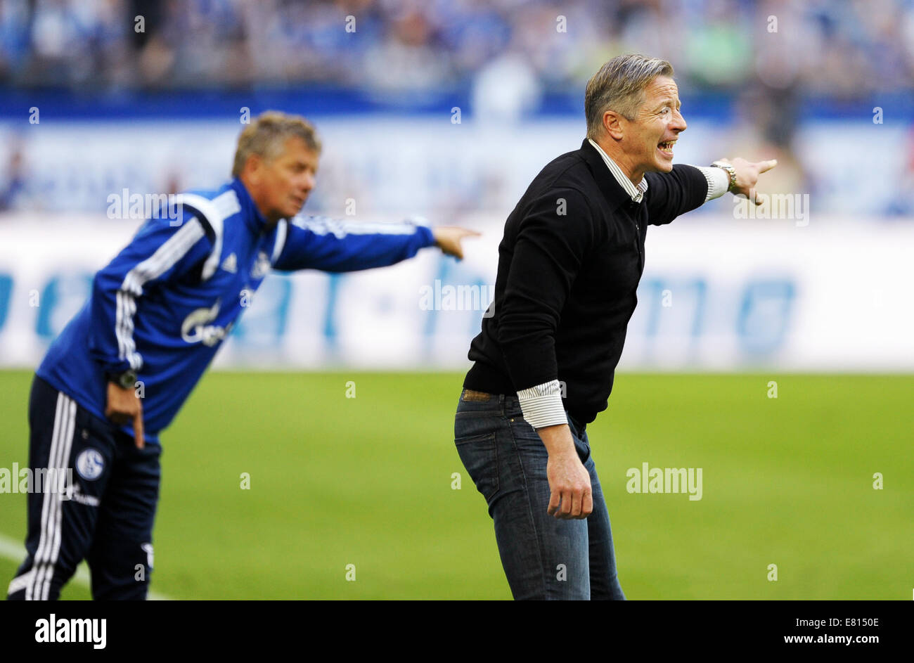 Veltins Arena, Gelsenkirchen, Deutschland. 27. September 2014., Deutsche Bundesliga, Spieltag 5, FC Schalke 04 (blau)-BV Borussia Dortmund (BVB, gelb) 2:1---Manager Jens Keller (Schalke 04) und Co-Manager Peter Hermann Credit: Kolvenbach/Alamy Live-Nachrichten Stockfoto