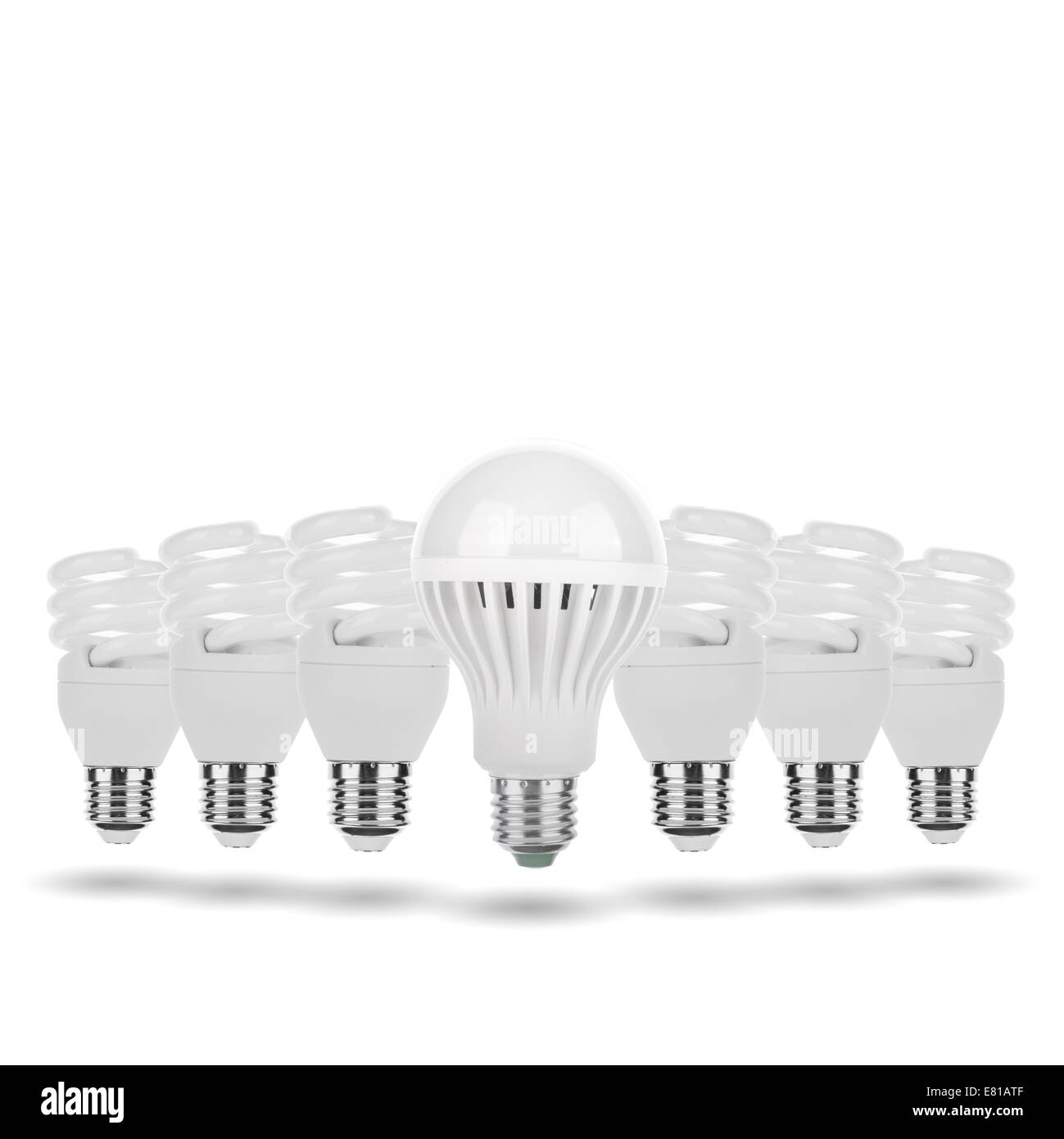 Evolution - LED-Birne, Leuchtstoffröhre, Wolfram-Lampe, Kerze Konzept Stockfoto