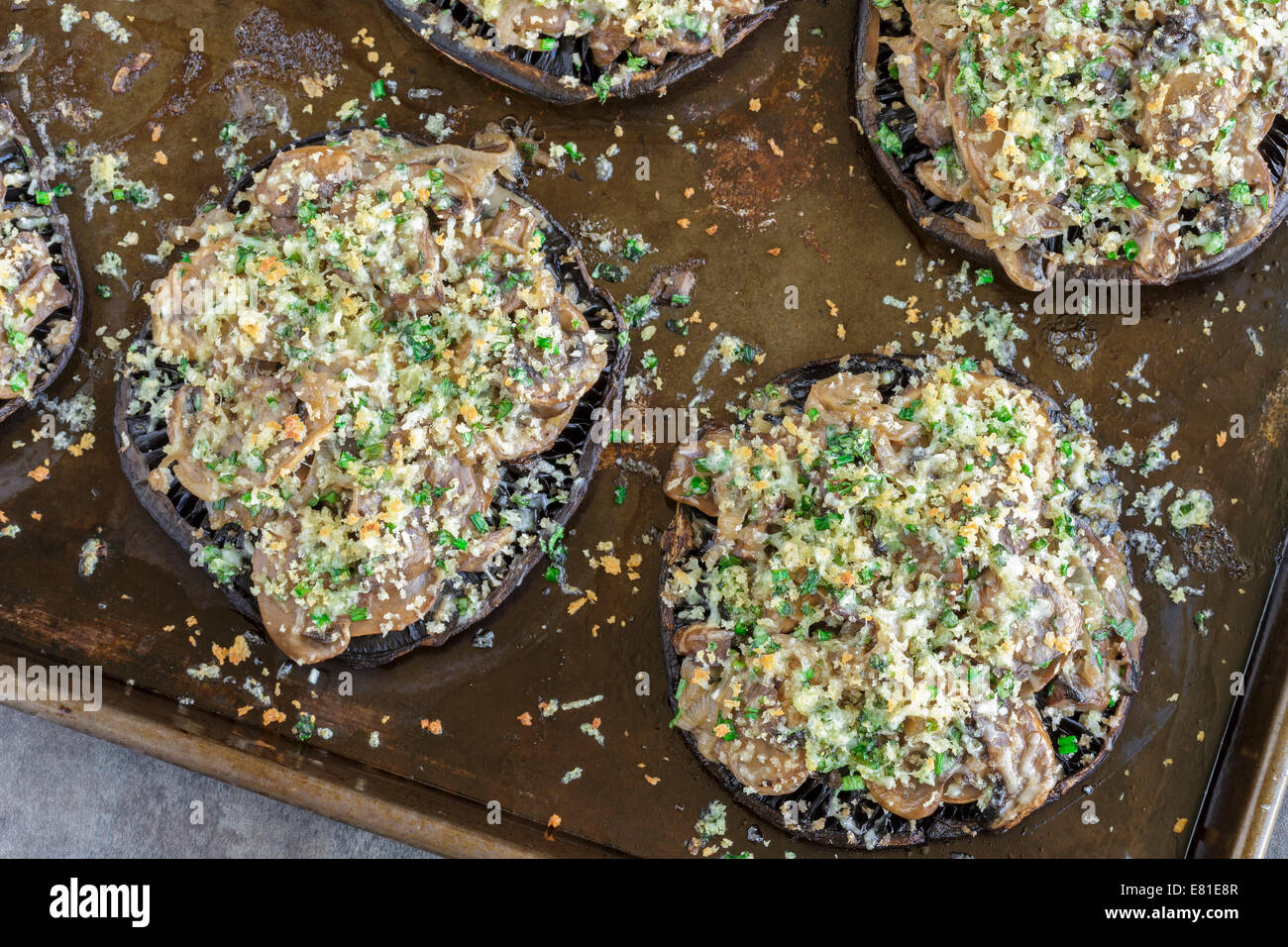 Portobello-Pilze, gefüllt mit Schalotten und Cremini-Pilzen in einer Sahne-Weißweinsauce Stockfoto