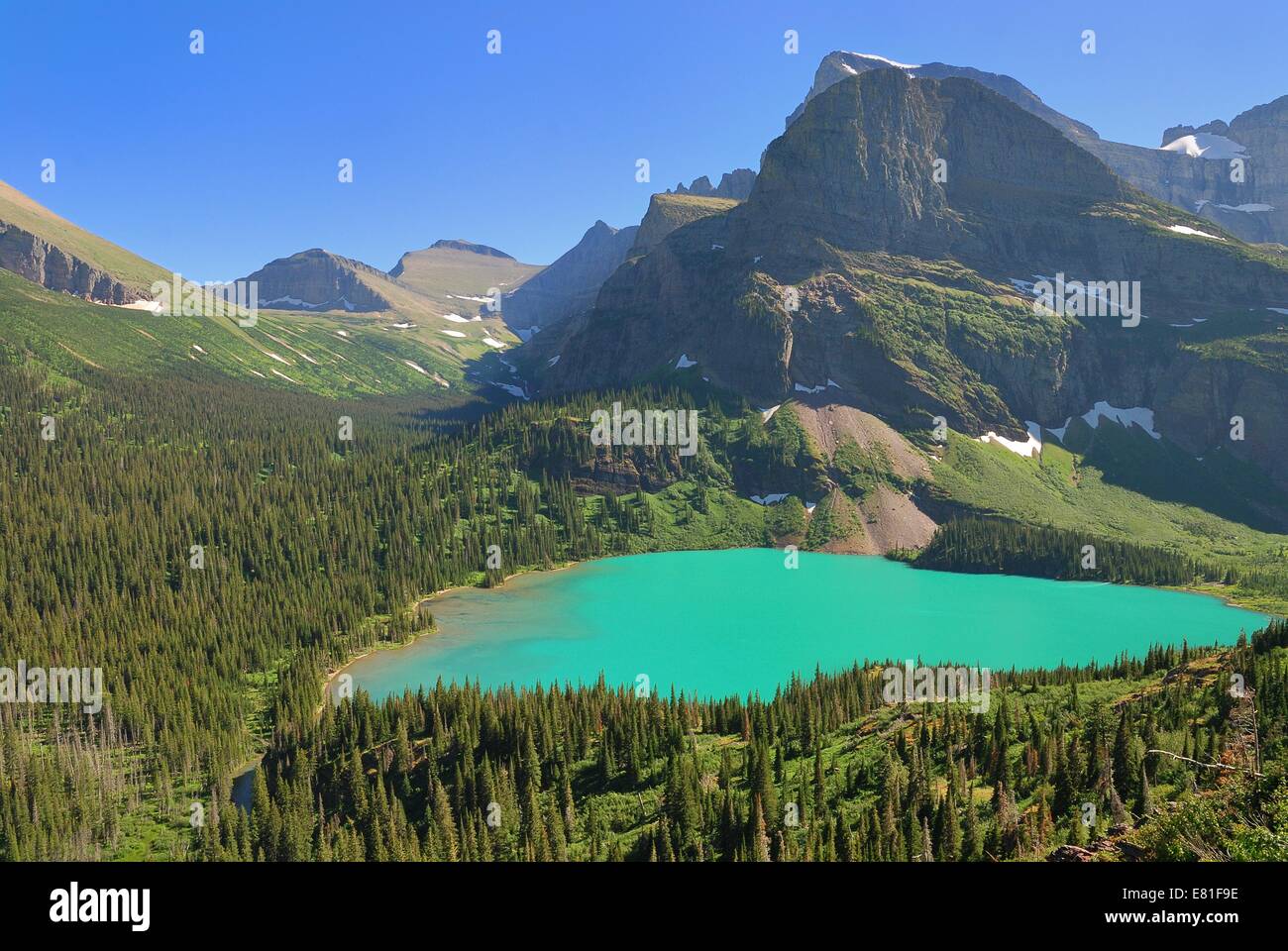 Türkisfarbene Wasser des Sees Grinnell im Abschnitt Many Glacier Glacier National Park, Montana, USA Stockfoto