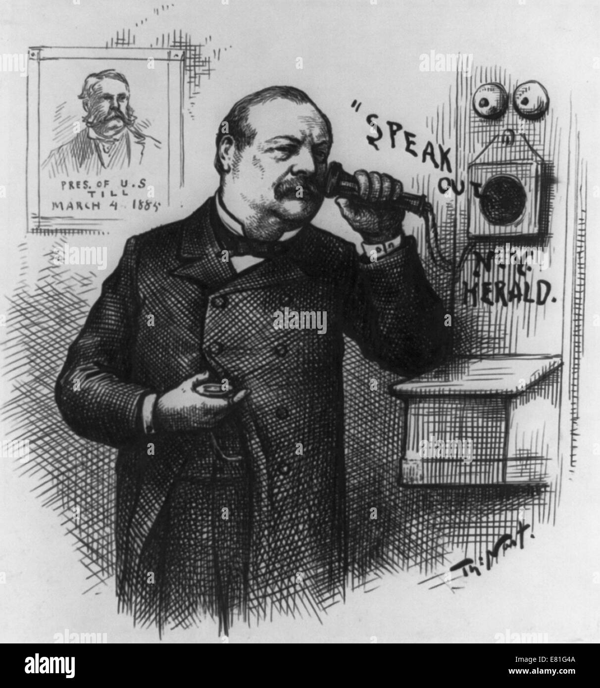 Thomas Nast (1840-1902) cartoon mit gewählter Präsident Grover Cleveland einen Telefonhörer ans Ohr halten. Stockfoto