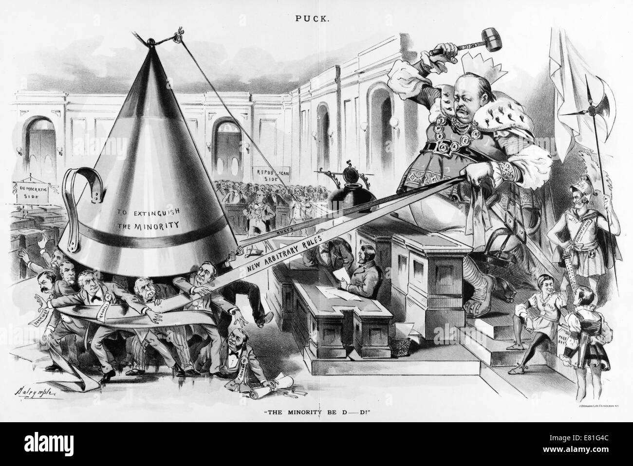 Politische Karikatur zeigt Lautsprecher des Hauses Thomas Brackett Reed mit Hammer und Bänder "Regeln" und "neue willkürliche Regeln" Stockfoto