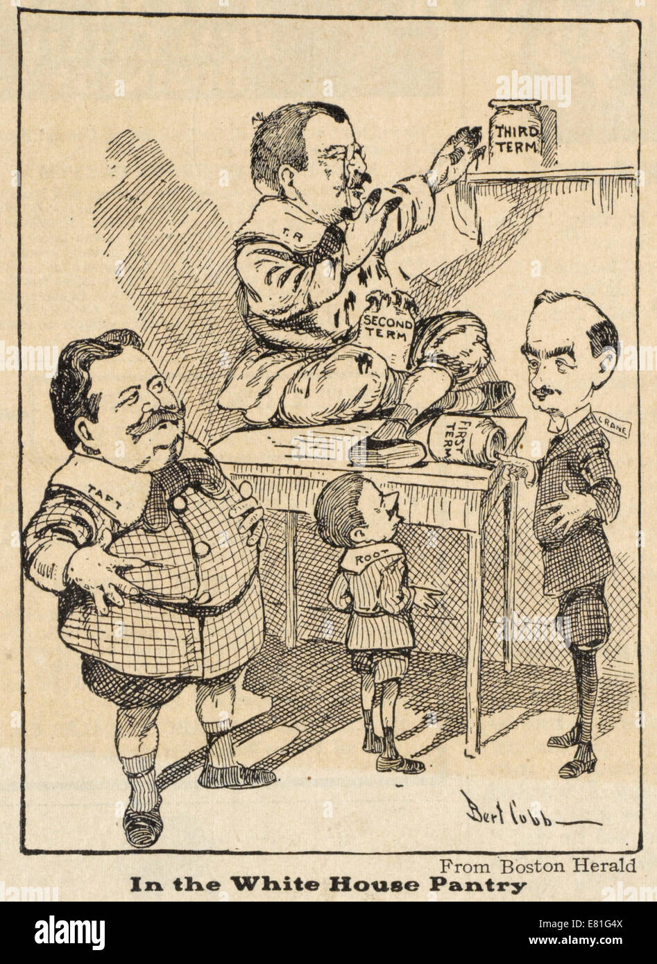 Politische Karikatur zeigt Theodore Roosevelt, gekleidet wie ein Kind, Essen aus einem Marmeladenglas lesen ' zweite Amtszeit.: Stockfoto