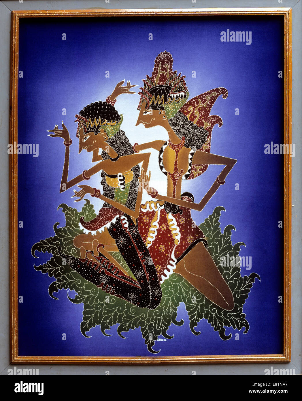 Balinesische Kunst, Batik, Malerei, Figuren aus der balinesischen Mythologie, Ubud, Bali, Indonesien Stockfoto