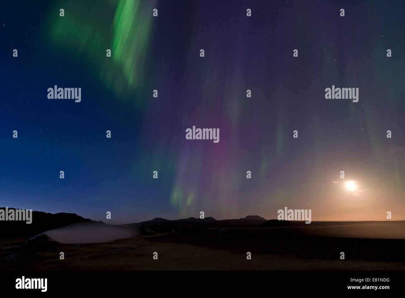 Nordlicht, Vollmond, Solfatara, Fumarolen, Schwefel und anderen Mineralien, Dampf, Hverarönd Hochtemperatur oder Geothermie Stockfoto