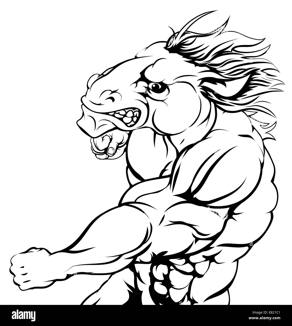 Ein harten muskulösen Pferd Charakter Sport-Maskottchen mit einem Schlag angreifen Stockfoto