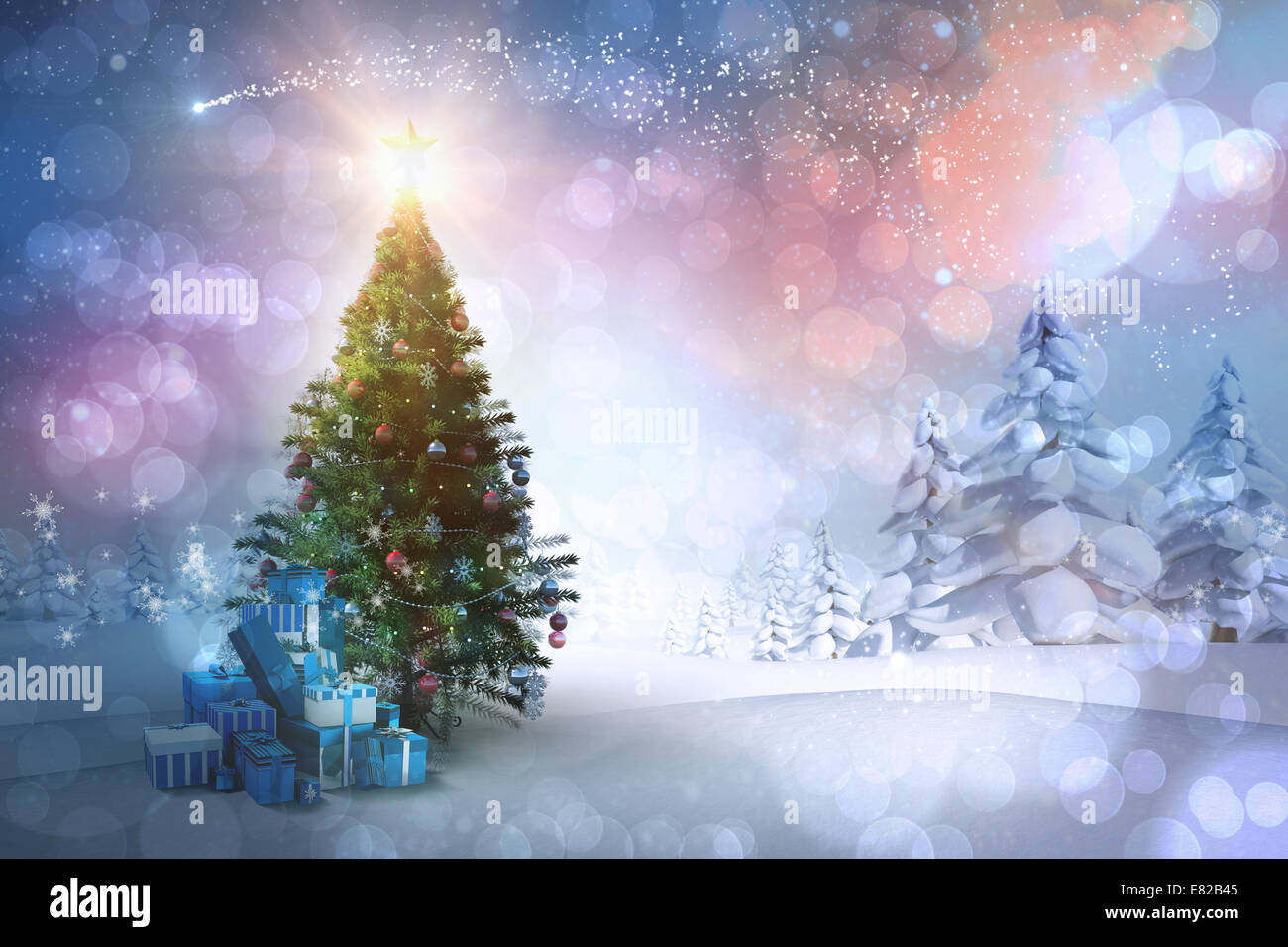 Zusammengesetztes Bild der Weihnachtsbaum mit Geschenken Stockfoto