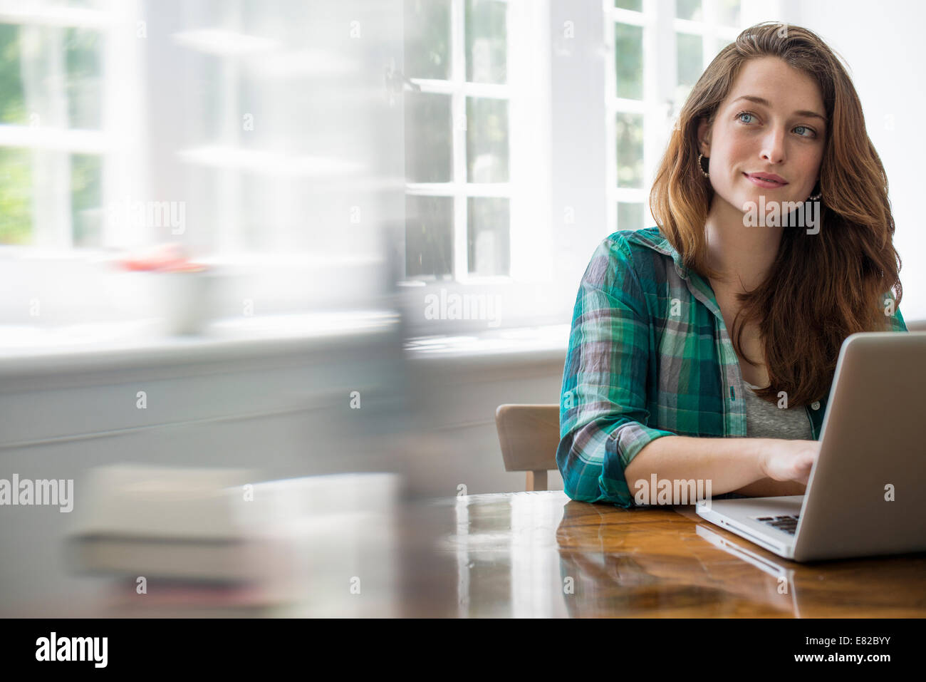 Lächelnde Frau mit Laptop im home-Office. Stockfoto