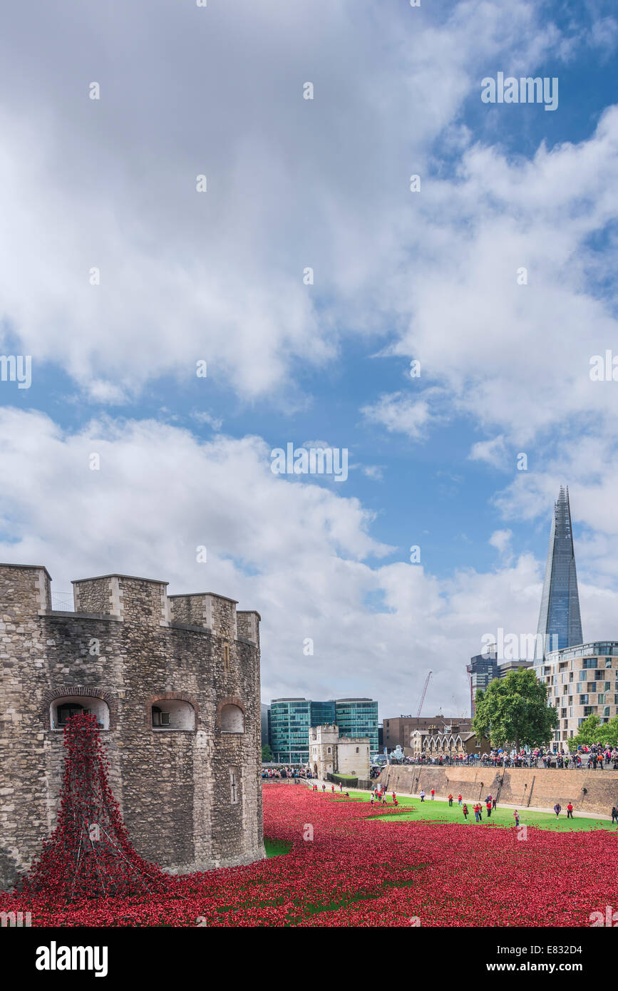 Blut Mehrfrequenzdarstellung Länder und Meere rot - die Installation von Keramik Mohnblumen in den Tower of London Stockfoto