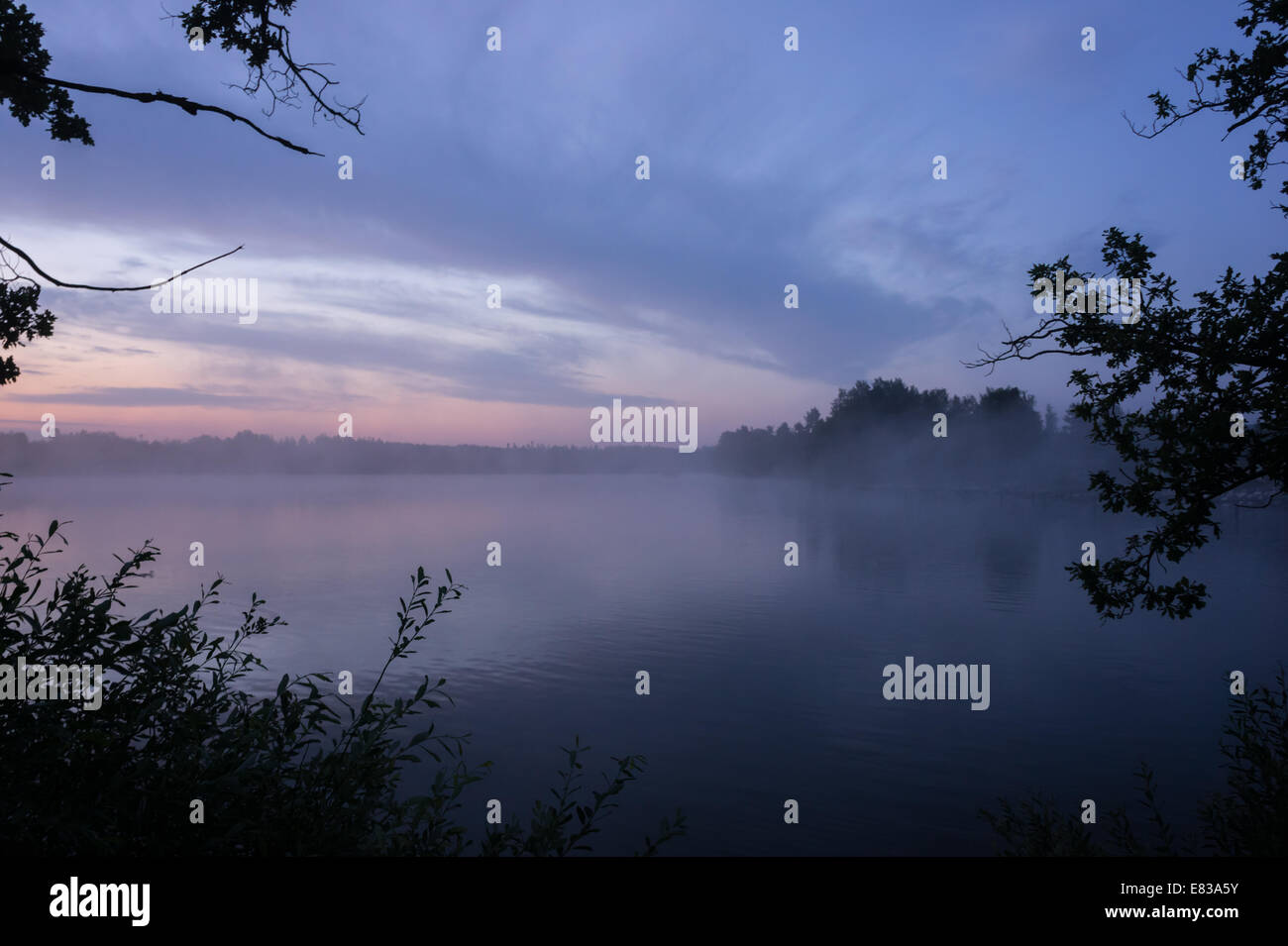 Am frühen Morgen Blick auf dem See im Nebel bedeckt mit Wald im Hintergrund in der Nähe von Nové Hrady in Südböhmen Stockfoto