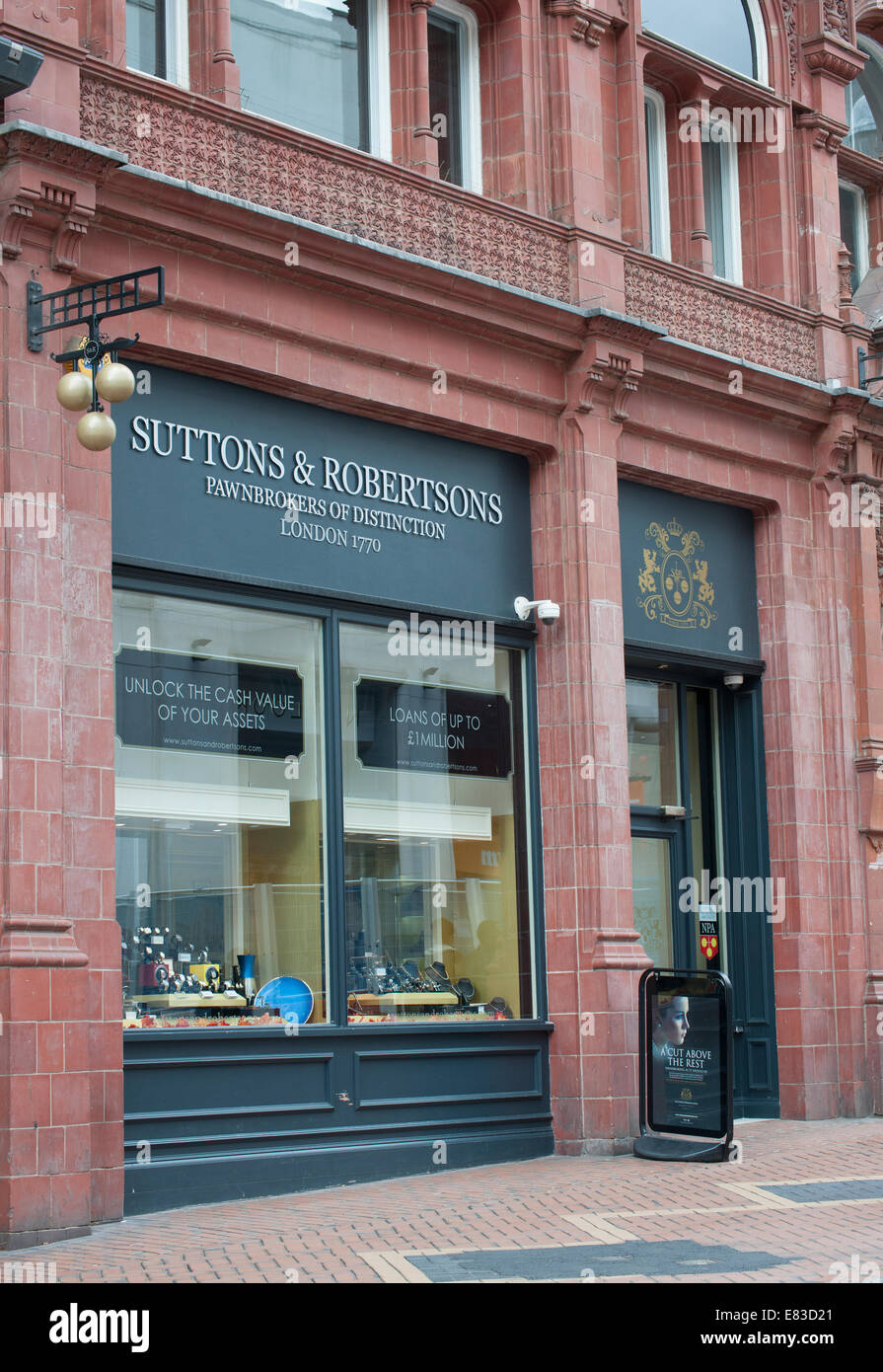 Sutton & Robertsons Shop vorne, 19 Corporation Street, Caxtongate, Birmingham, England, UK. Stockfoto