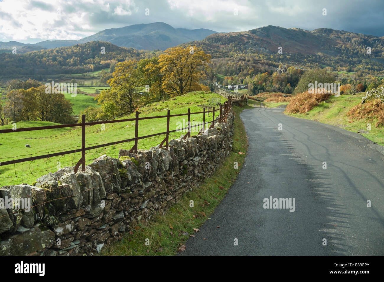 Kurvenreiche Landstraße in der Nähe von Elterwater, Langdale, Lake District, Cumbria, England, UK Stockfoto