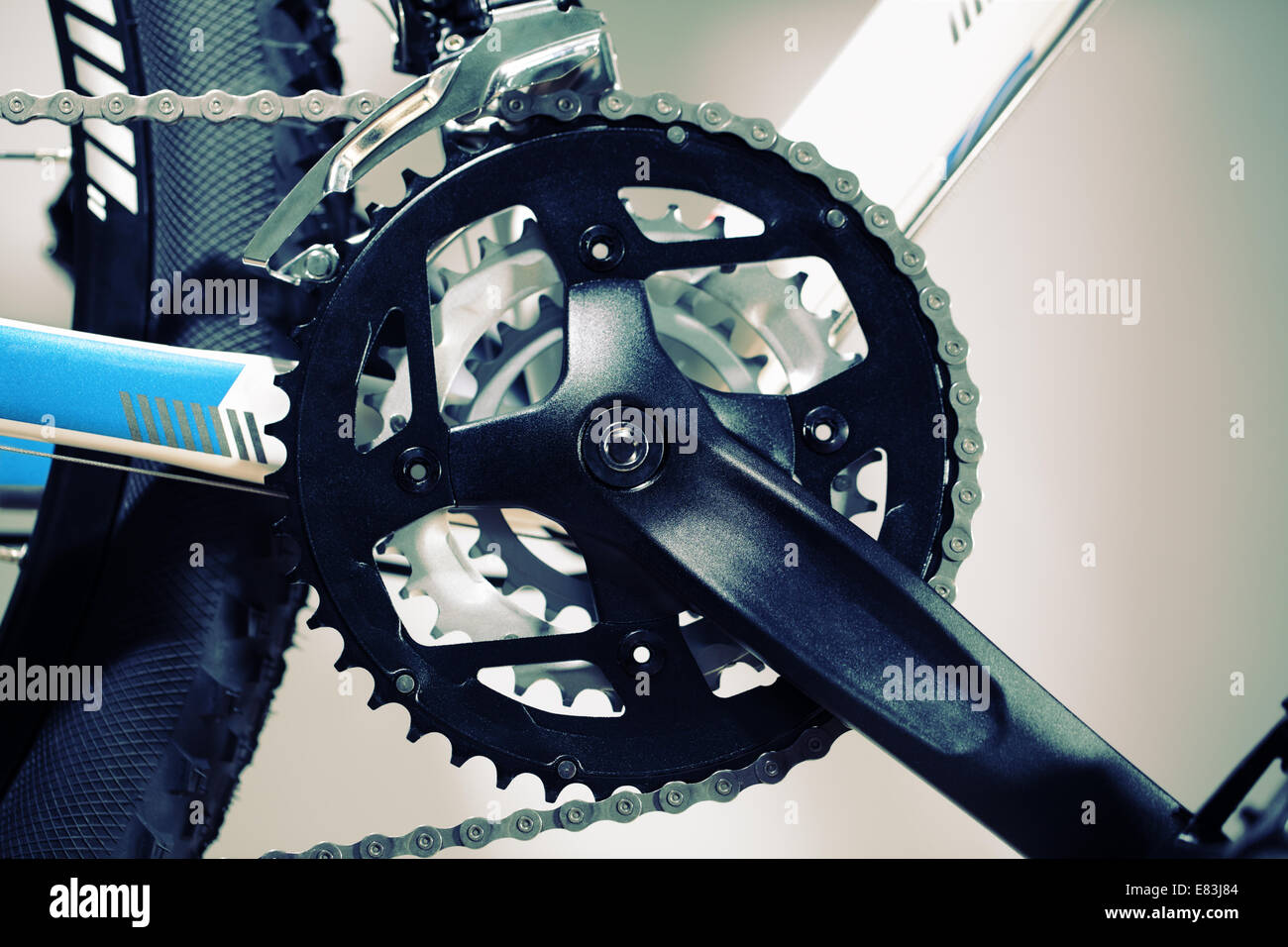Mountain Bike Kettensatz, Pedal und Lenkrad Stockfoto