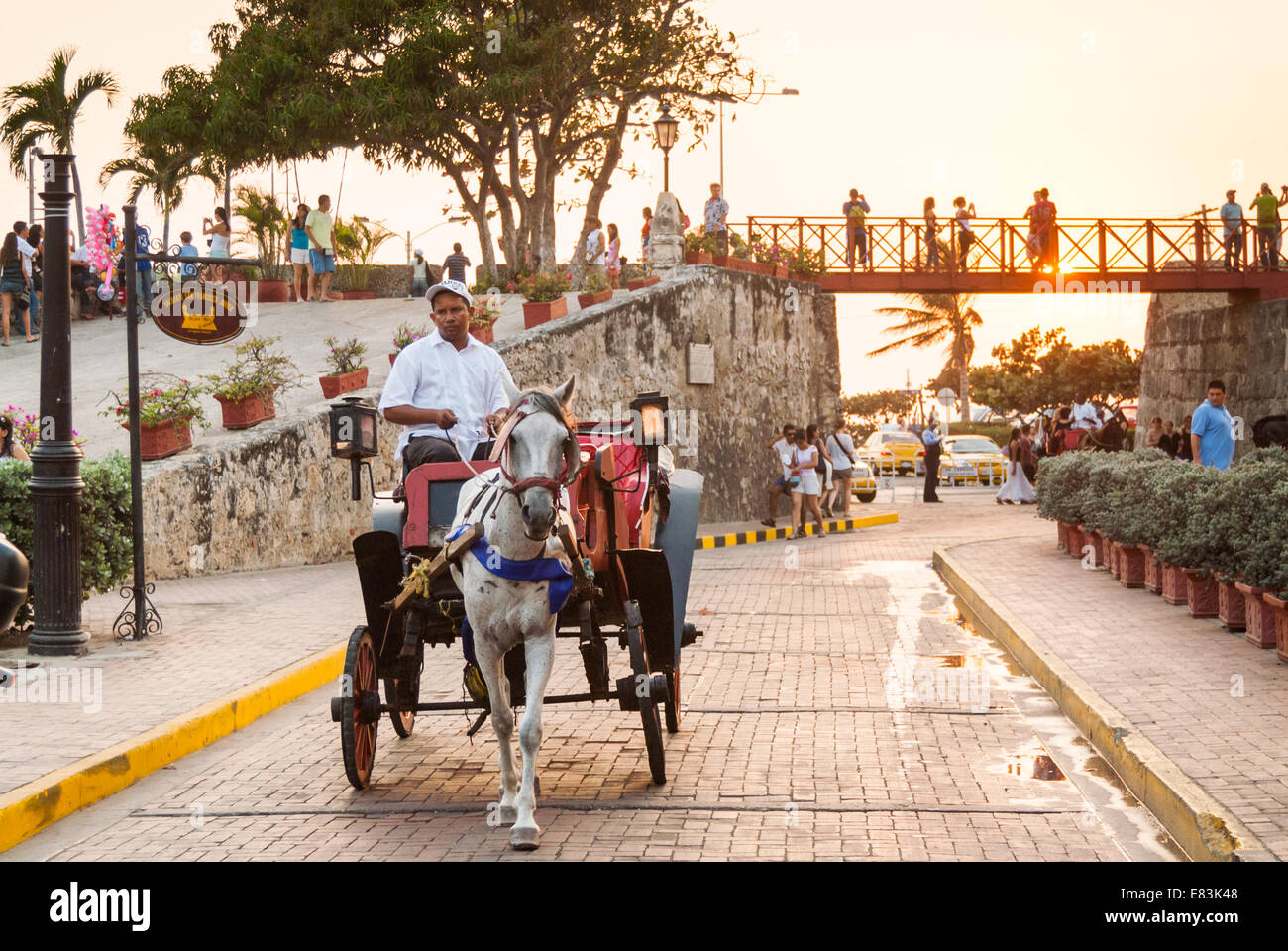 Gezeichnete Kutschenfahrt durch die Straßen der alten Stadt, Cartagena de Indias, Kolumbien Stockfoto